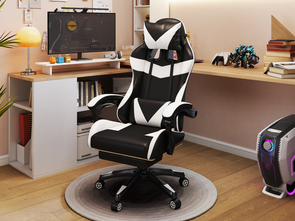 Scaun gaming Dumonde HELLION, mecanism multifuncțional, ecopiele, suport picioare, alb/negru