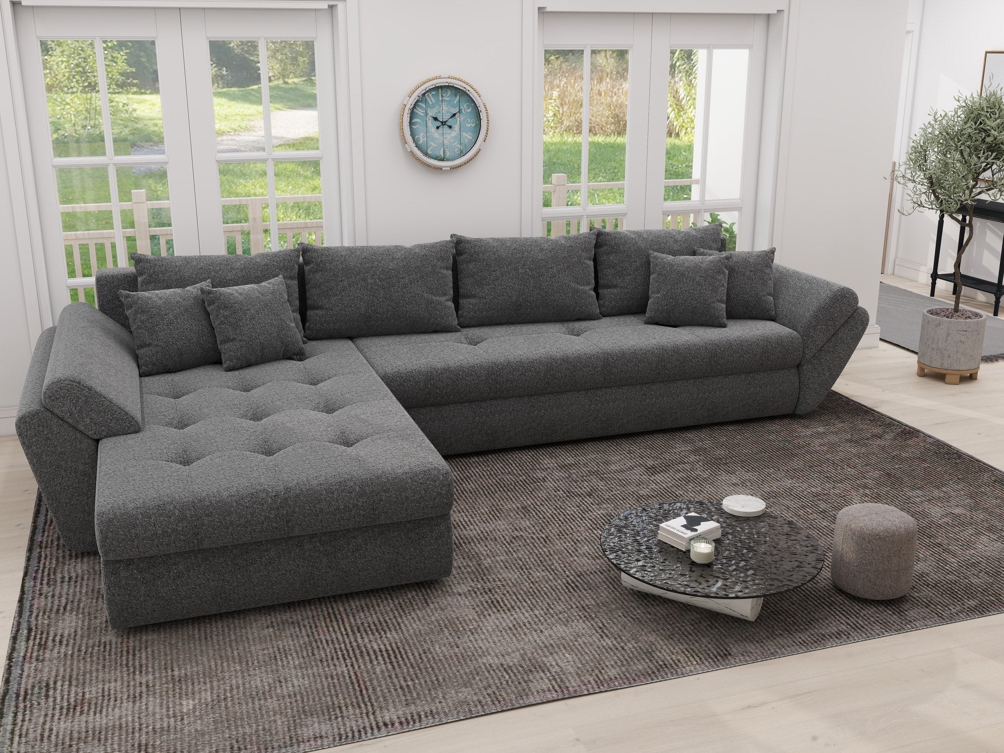 Colțar extensibil dumonde cu ladă de depozitare si sezut confortabil din spuma high-density, Loana XL Monte Gri 90 335x185 cm