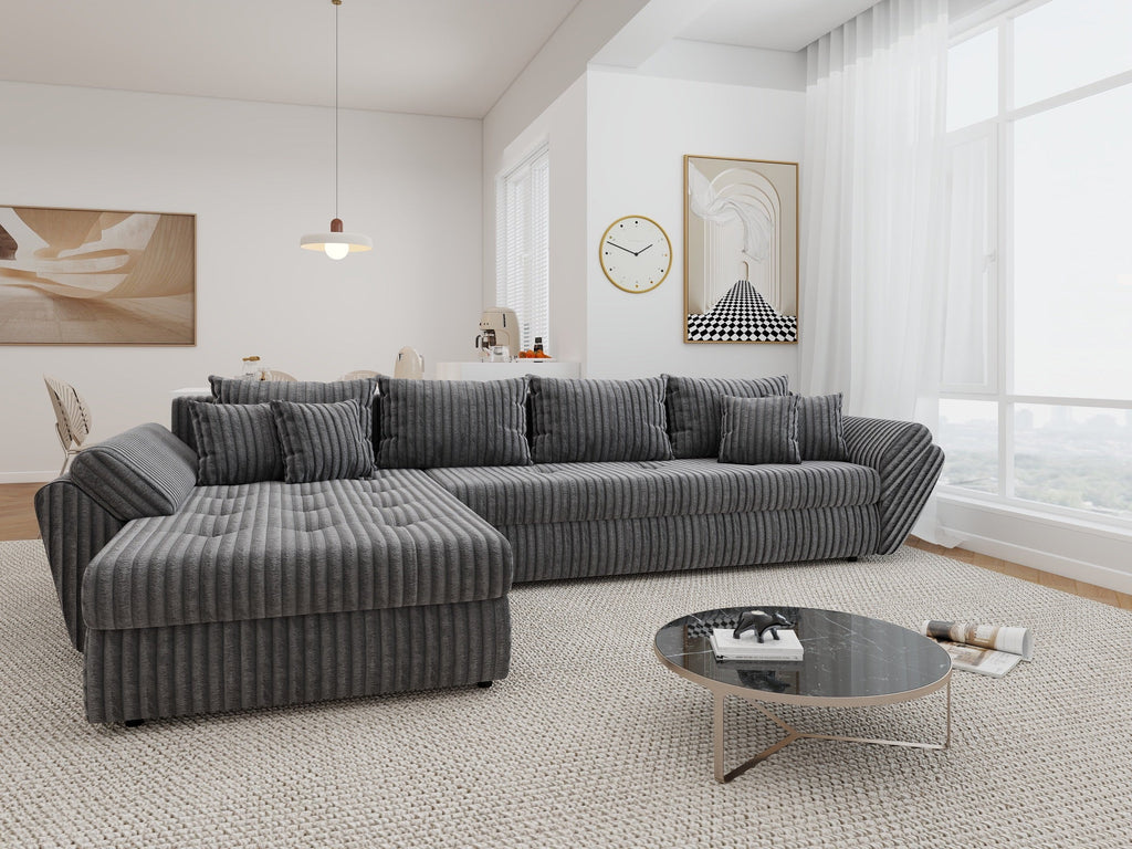 Colțar extensibil dumonde cu ladă de depozitare si sezut confortabil din spuma high-density, Loana XL Tilia Gri 90 335x185 cm