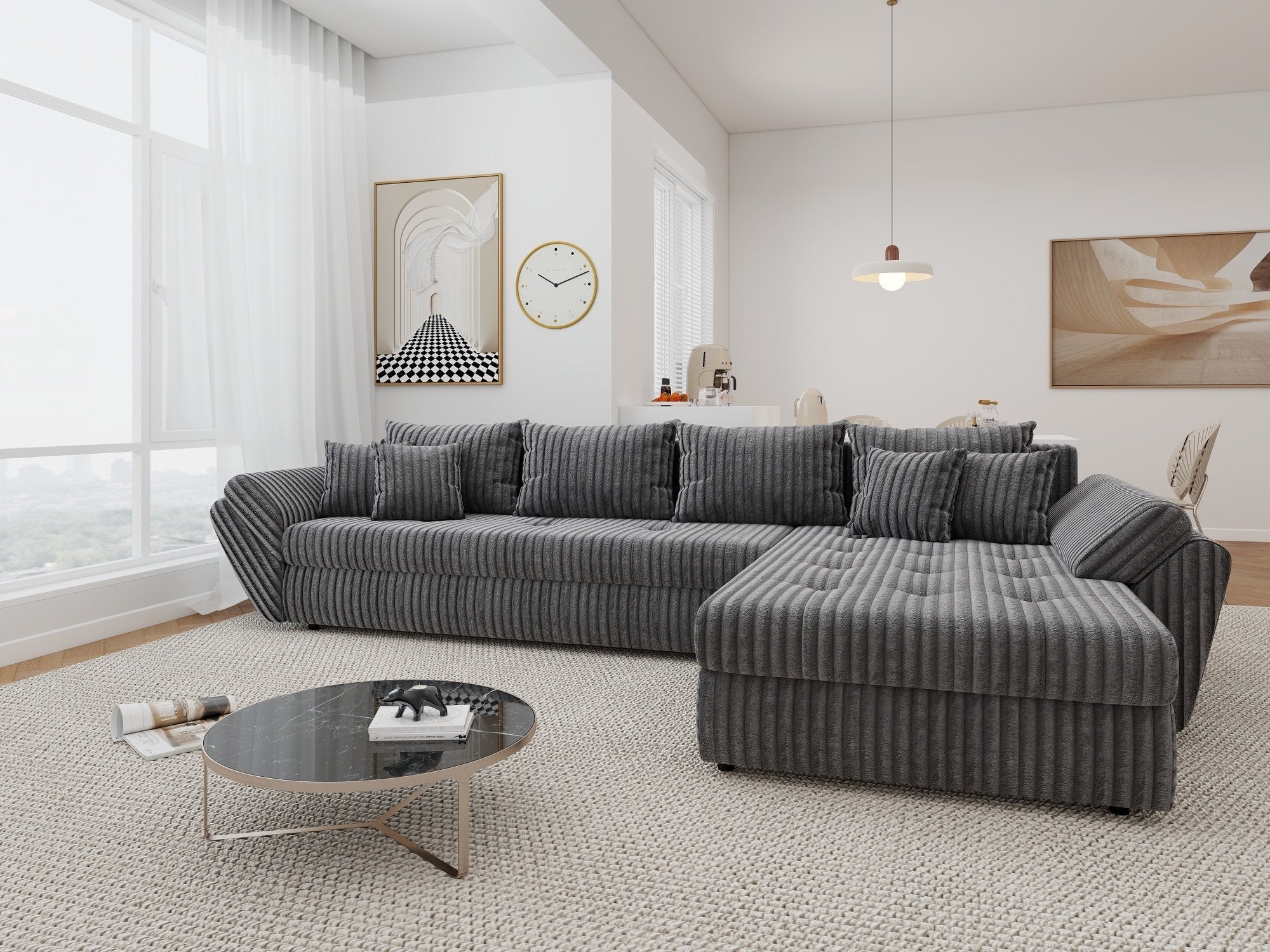 Colțar extensibil dumonde cu ladă de depozitare si sezut confortabil din spuma high-density, Loana XL Tilia Gri 90 II 335x185 cm