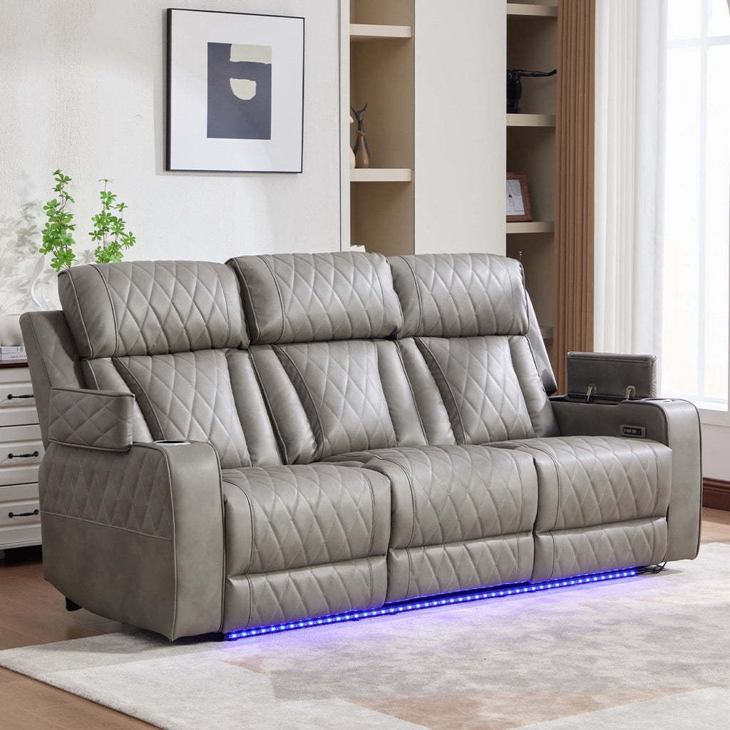 Set canapele dumonde 3+2+1, reclinere electrice, incarcare wireless, USB-C, suport pahare incalzite, lumini LED Selvar