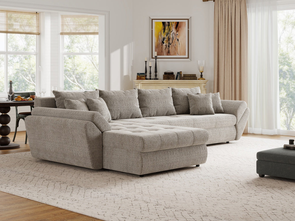 Colțar extensibil dumonde cu ladă de depozitare si sezut confortabil din spuma high-density, Loana XL Cremona Bej 14 335x185 cm