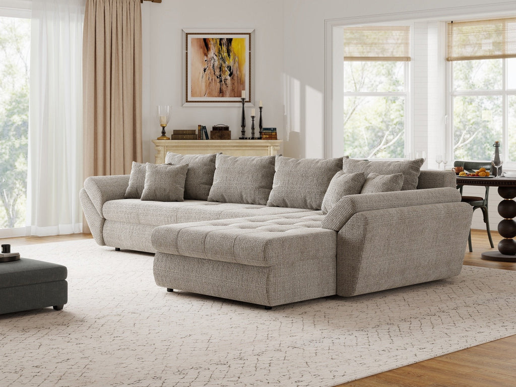 Colțar extensibil dumonde cu ladă de depozitare si sezut confortabil din spuma high-density, Loana XL Cremona Bej 14 II 335x185 cm