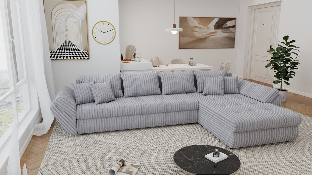 Colțar extensibil dumonde cu ladă de depozitare si sezut confortabil din spuma high-density, Loana XL Tilia Gri 86 II 335x185 cm