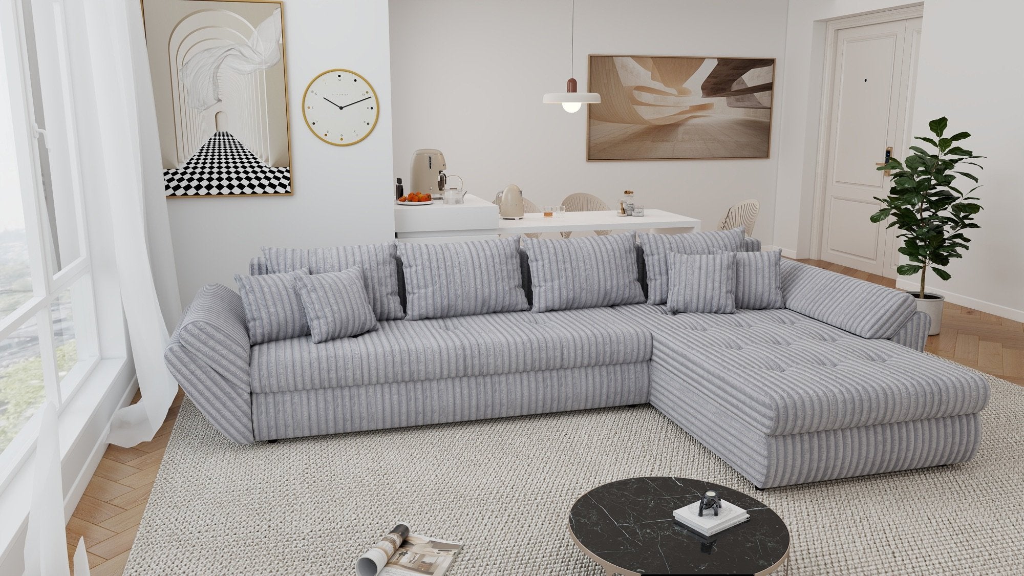 Colțar extensibil dumonde cu ladă de depozitare si sezut confortabil din spuma high-density, Loana XL Tilia Gri 86 II 335x185 cm