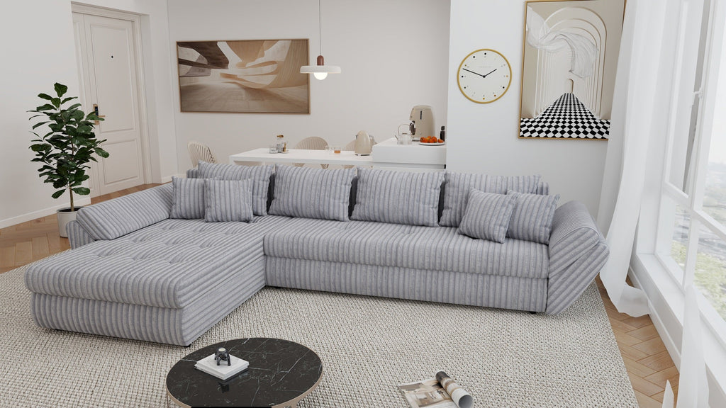 Colțar extensibil dumonde cu ladă de depozitare si sezut confortabil din spuma high-density, Loana XL Tilia Gri 86 335x185 cm