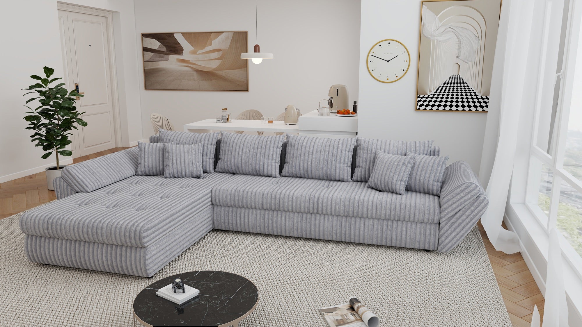 Colțar extensibil dumonde cu ladă de depozitare si sezut confortabil din spuma high-density, Loana XL Tilia Gri 86 335x185 cm