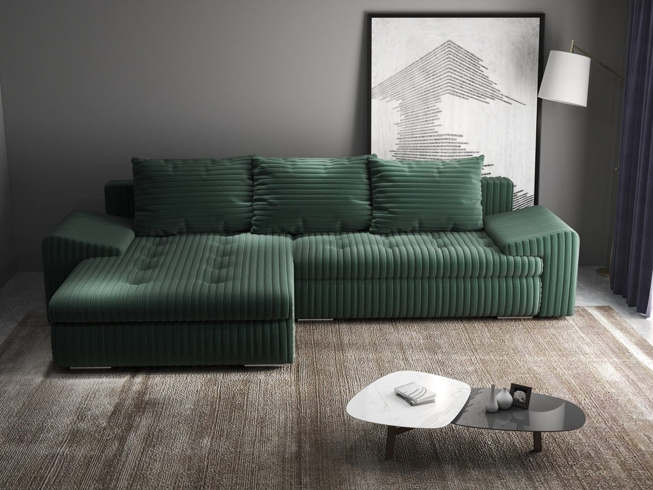 Colțar extensibil dumonde cu ladă de depozitare si sezut confortabil din spuma high-density, Leonardo Ambience Verde 260x185 cm