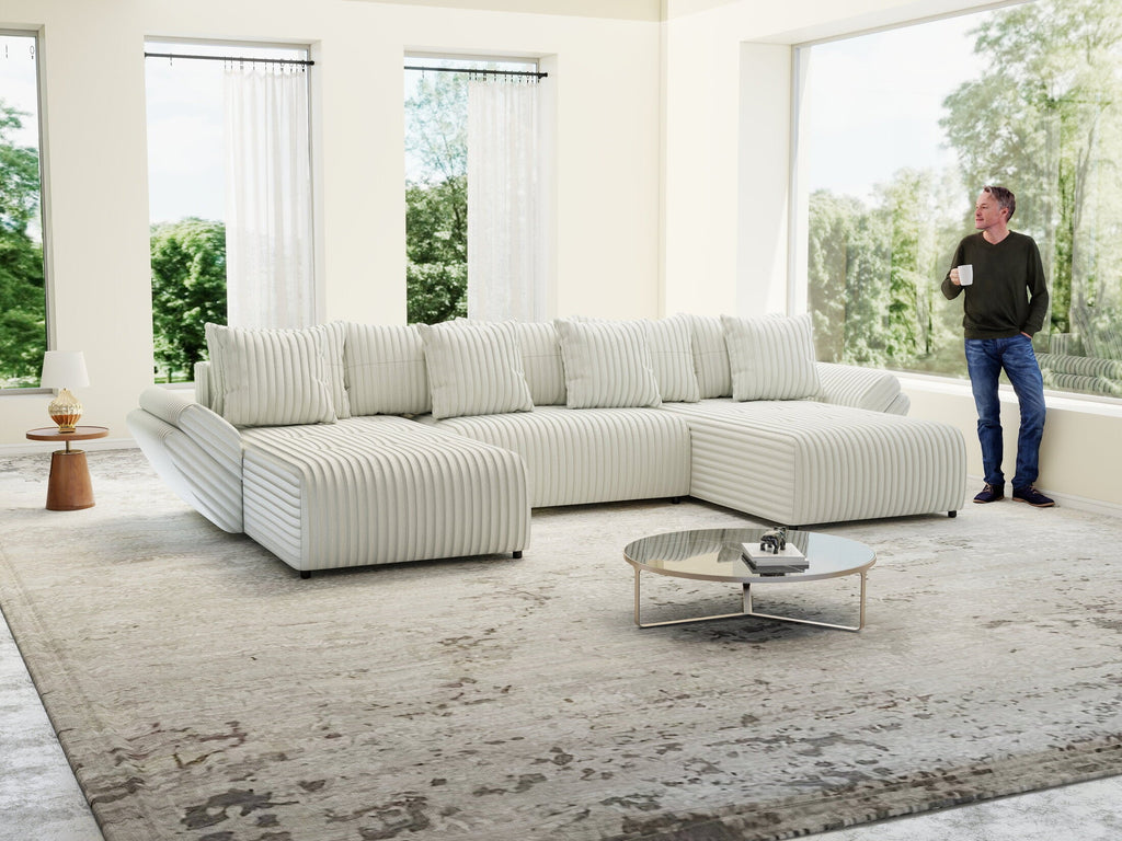 Colțar extensibil dumonde cu ladă de depozitare si sezut confortabil din spuma high-density, Berlin U Ambience Ivory 380x180 cm