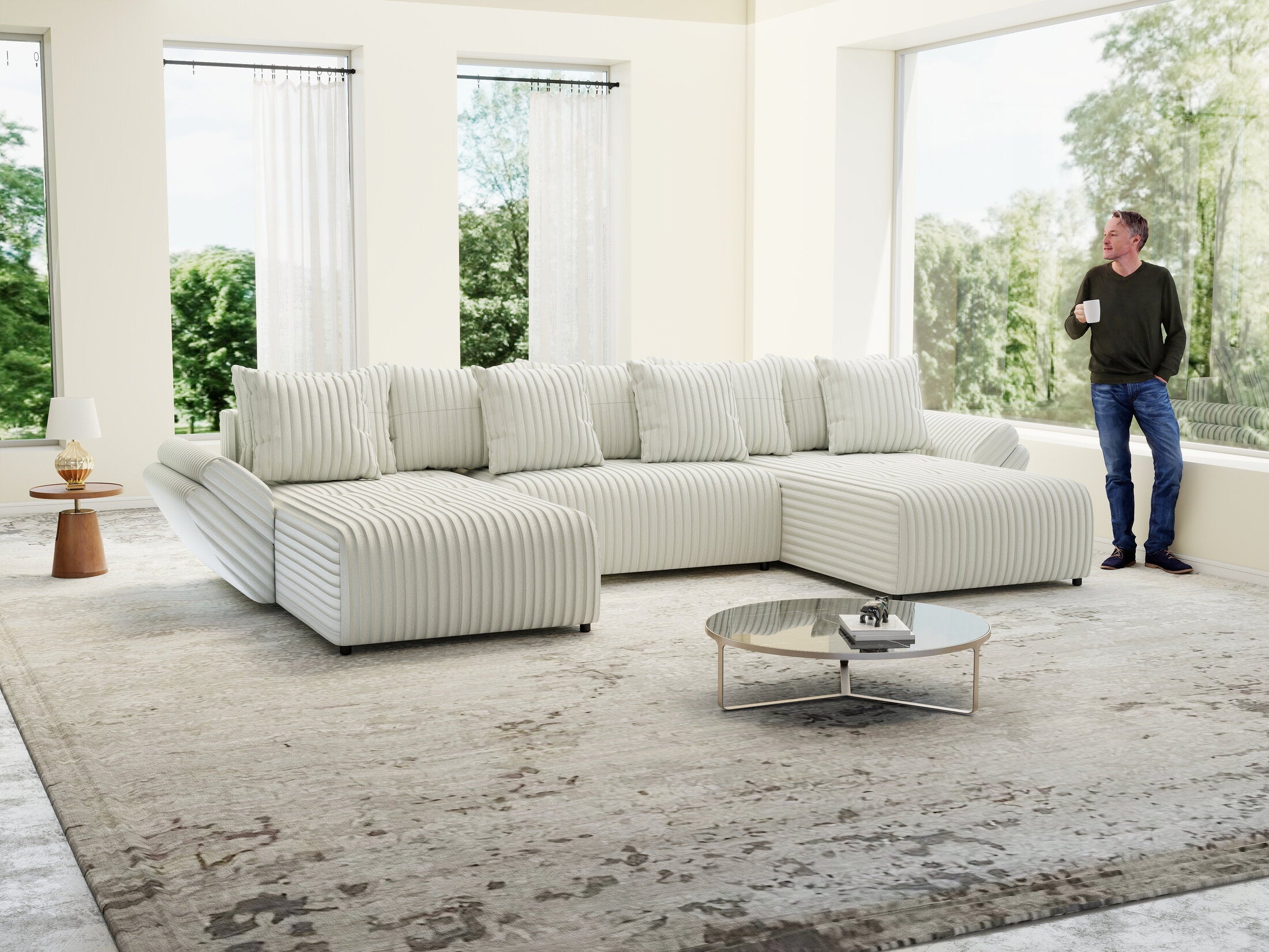 Colțar extensibil dumonde cu ladă de depozitare si sezut confortabil din spuma high-density, Berlin U Ambience Ivory 380x180 cm