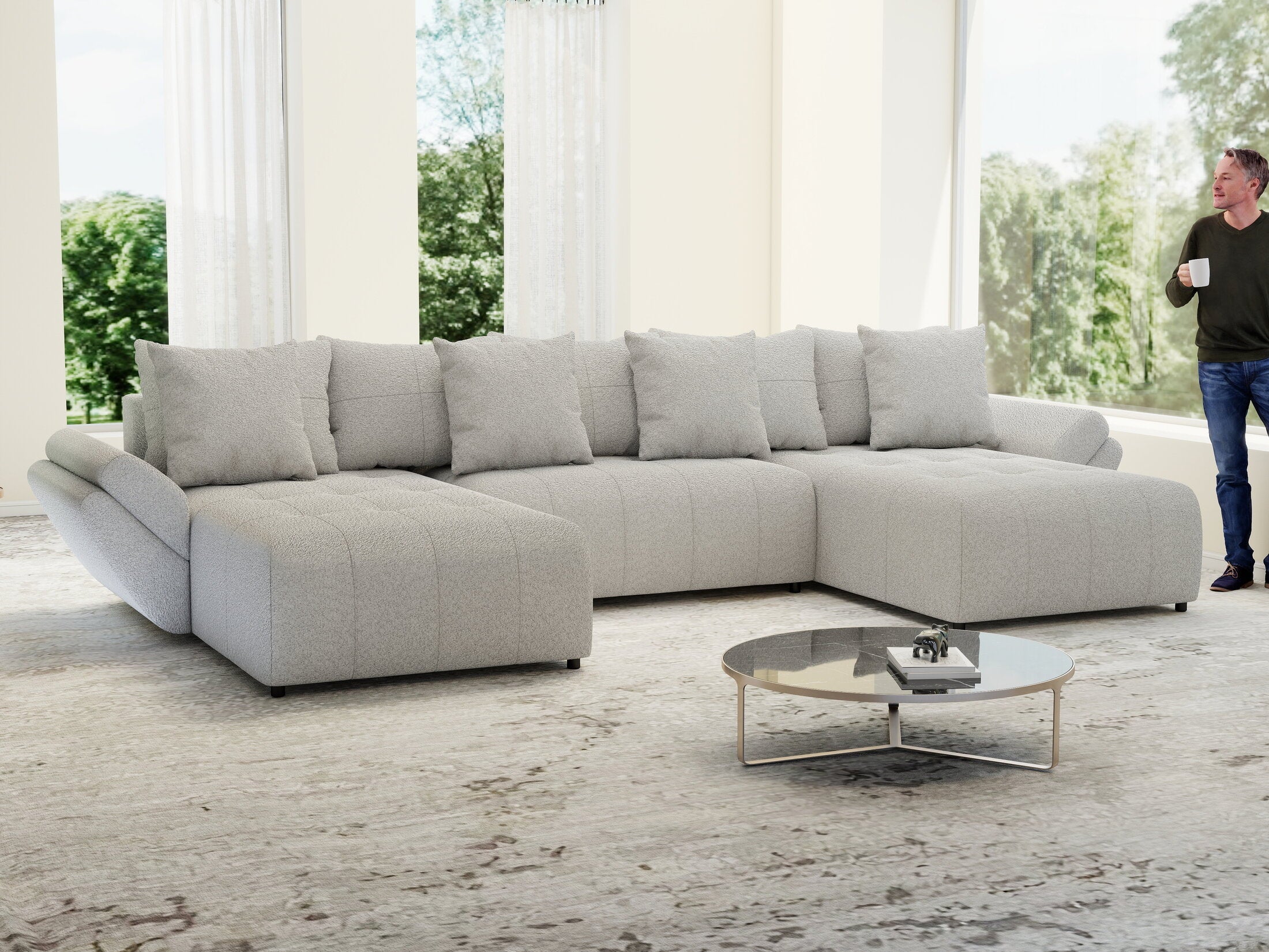 Colțar extensibil dumonde cu ladă de depozitare si sezut confortabil din spuma high-density, Berlin U Euphoria Dove 380x180 cm