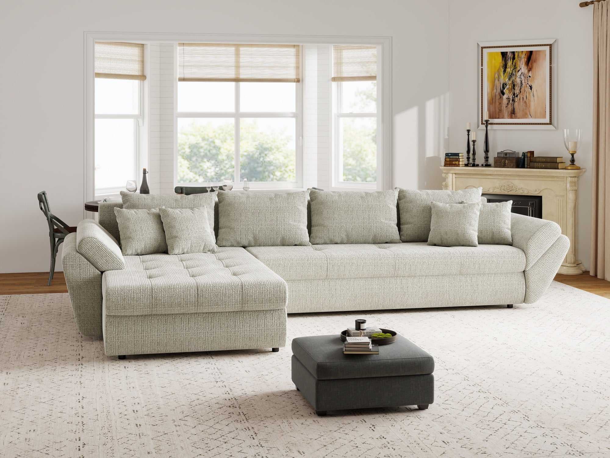 Colțar extensibil dumonde cu ladă de depozitare si sezut confortabil din spuma high-density, Loana XL Cremona Bej 04 335x185 cm
