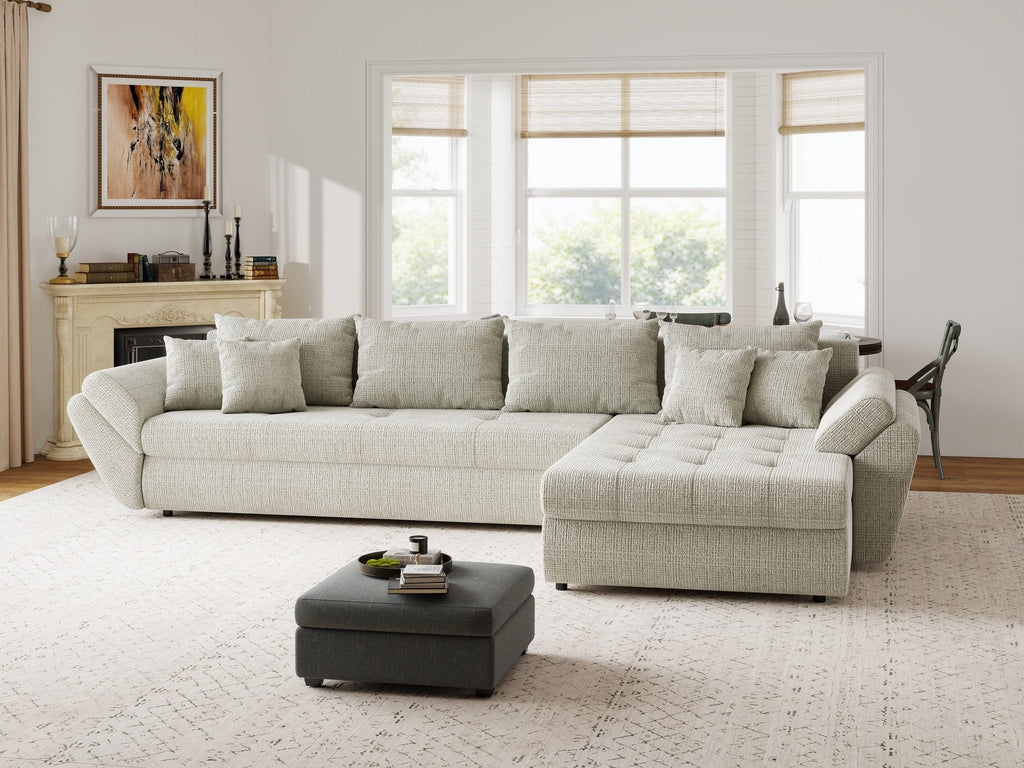 Colțar extensibil dumonde cu ladă de depozitare si sezut confortabil din spuma high-density, Loana XL Cremona Bej 04 II 335x185 cm