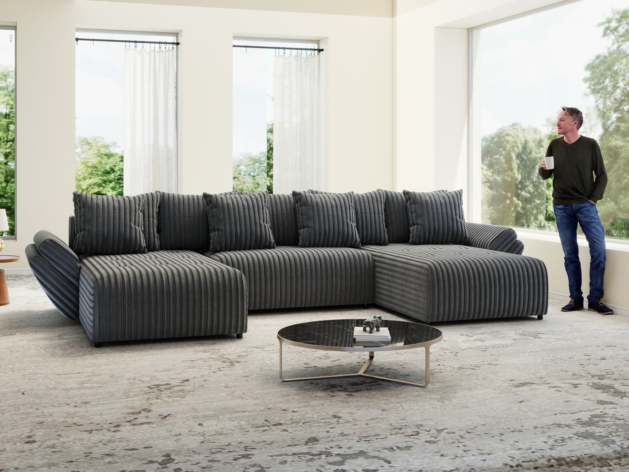 Colțar extensibil dumonde cu ladă de depozitare si sezut confortabil din spuma high-density, Berlin U Ambience Grey 380x180 cm