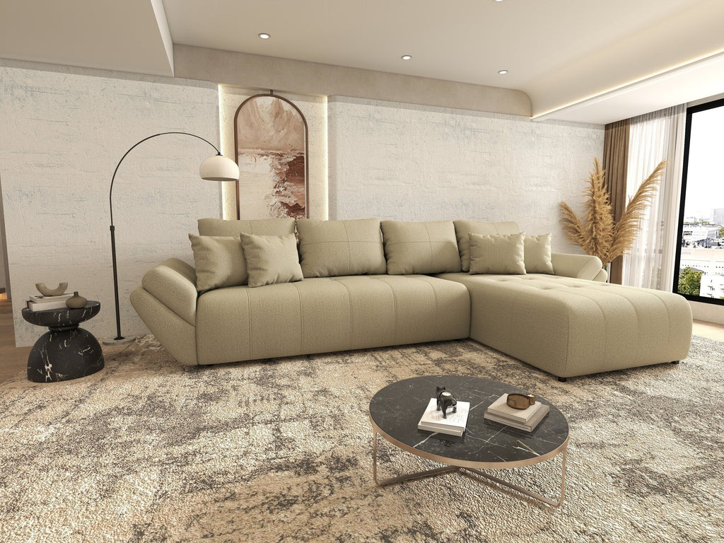 Colțar extensibil dumonde cu ladă de depozitare si sezut confortabil din spuma high-density, Berlin XL Enjoy Camel 350x185 cm II