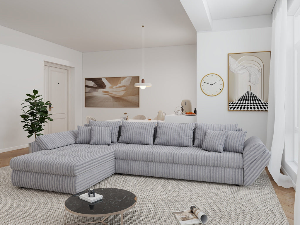 Colțar extensibil dumonde cu ladă de depozitare si sezut confortabil din spuma high-density, Loana XL Tilia Gri 86 335x185 cm