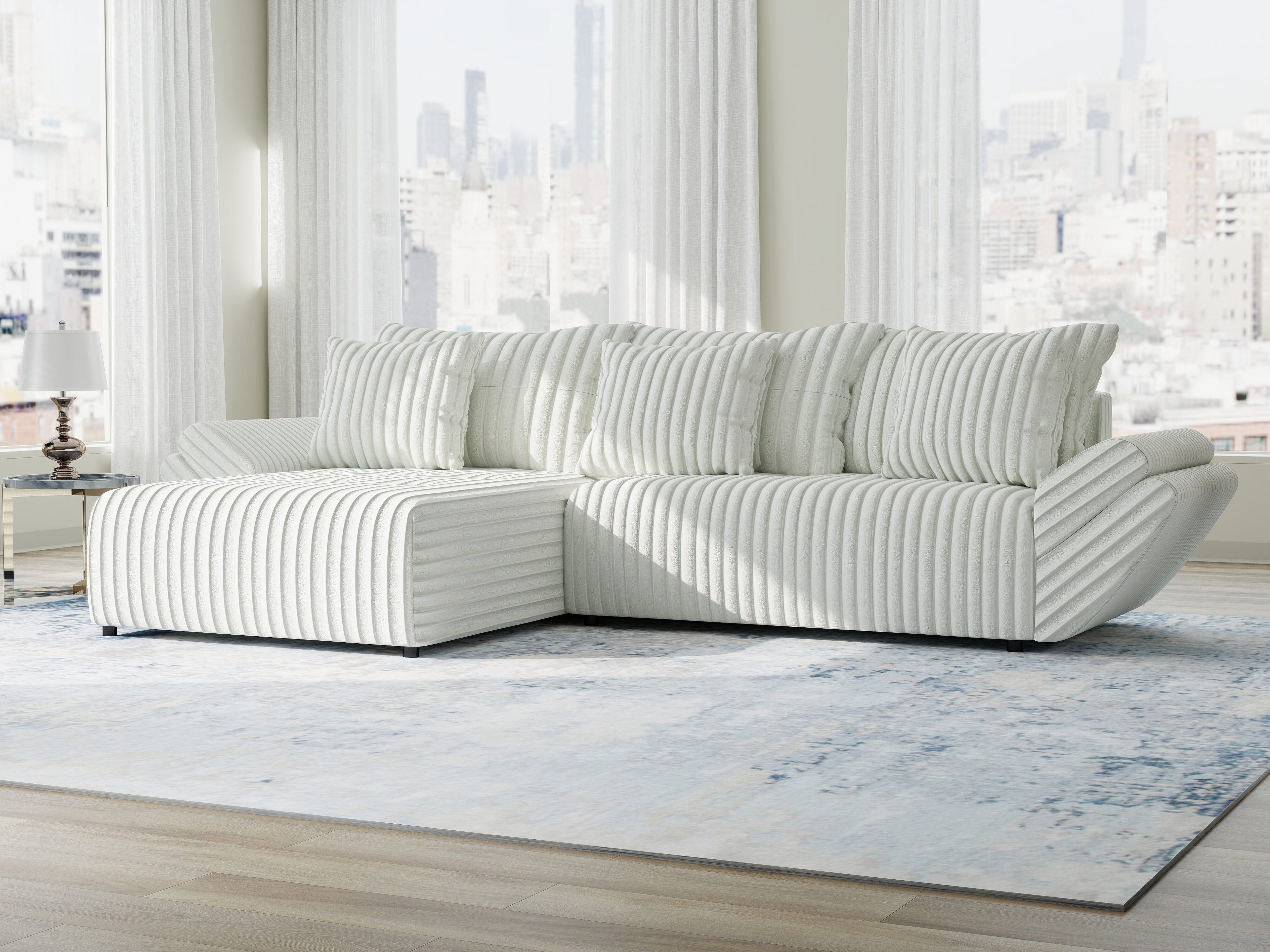 Colțar extensibil dumonde cu ladă de depozitare si sezut confortabil din spuma high-density, Berlin Ambience Alb 280x185 cm
