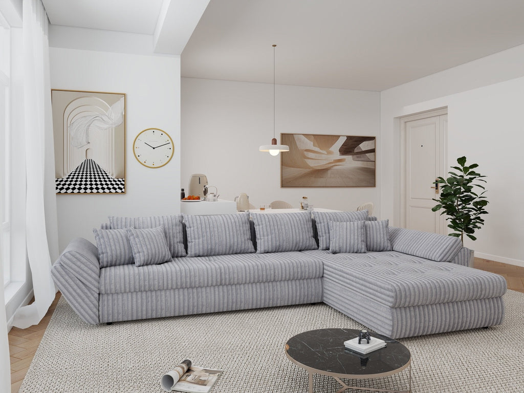 Colțar extensibil dumonde cu ladă de depozitare si sezut confortabil din spuma high-density, Loana XL Tilia Gri 86 II 335x185 cm
