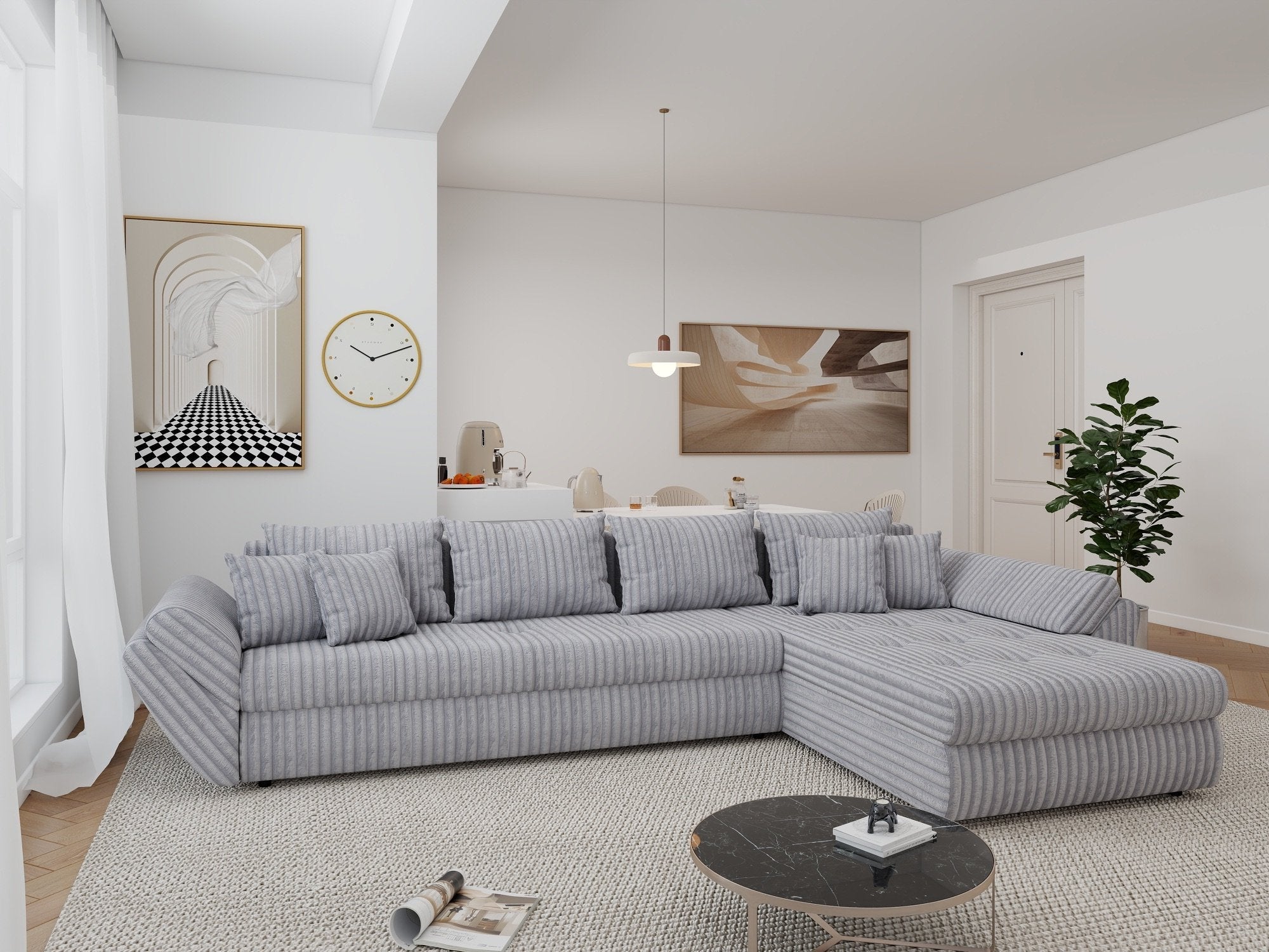 Colțar extensibil dumonde cu ladă de depozitare si sezut confortabil din spuma high-density, Loana XL Tilia Gri 86 II 335x185 cm