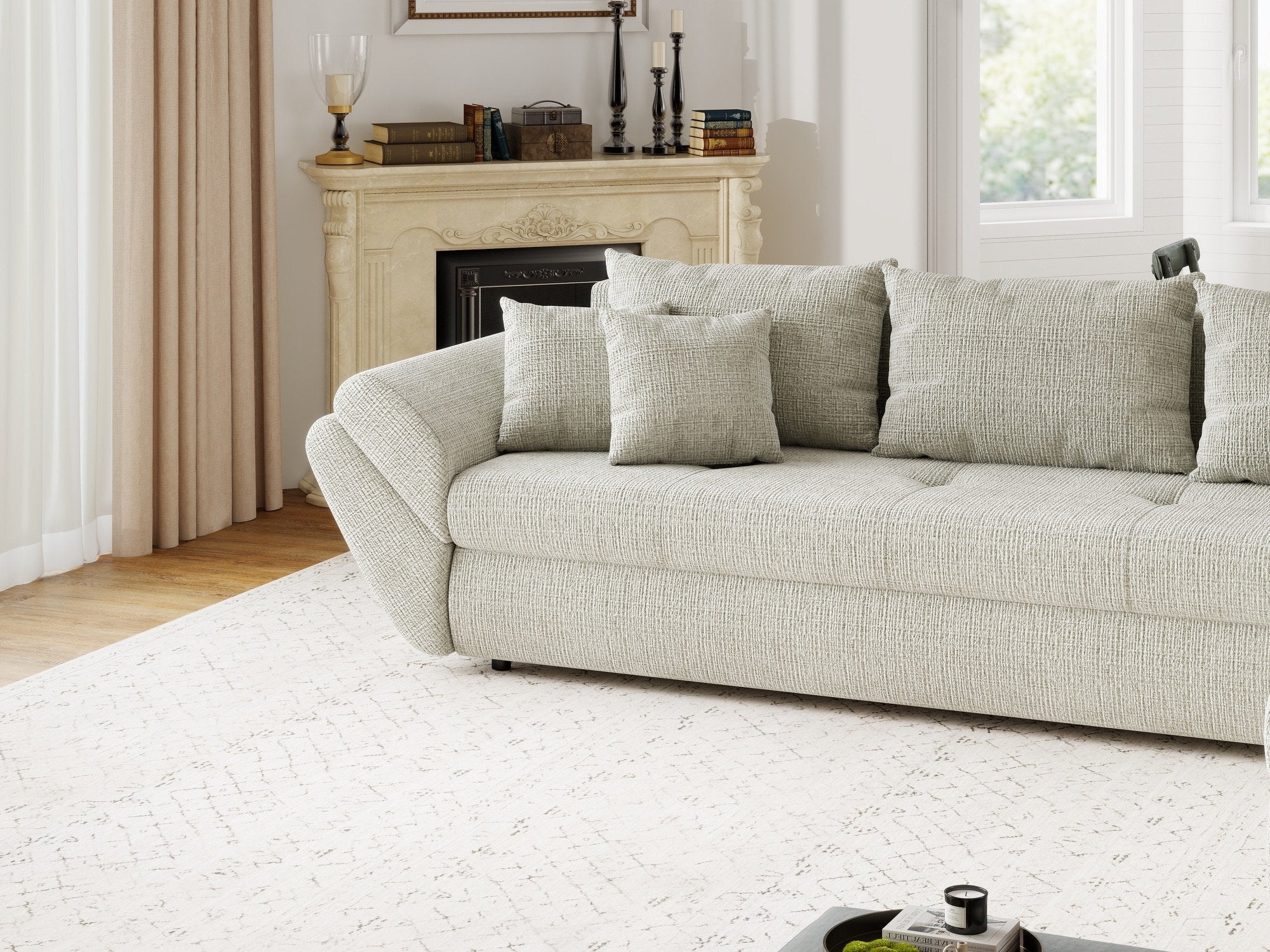 Colțar extensibil dumonde cu ladă de depozitare si sezut confortabil din spuma high-density, Loana XL Cremona Bej 04 II 335x185 cm