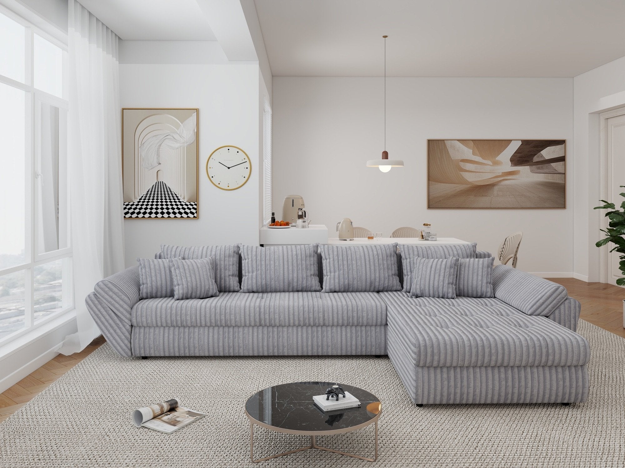 Colțar extensibil dumonde cu ladă de depozitare si sezut confortabil din spuma high-density, Loana XL Tilia Gri 86 II 335x185 cm