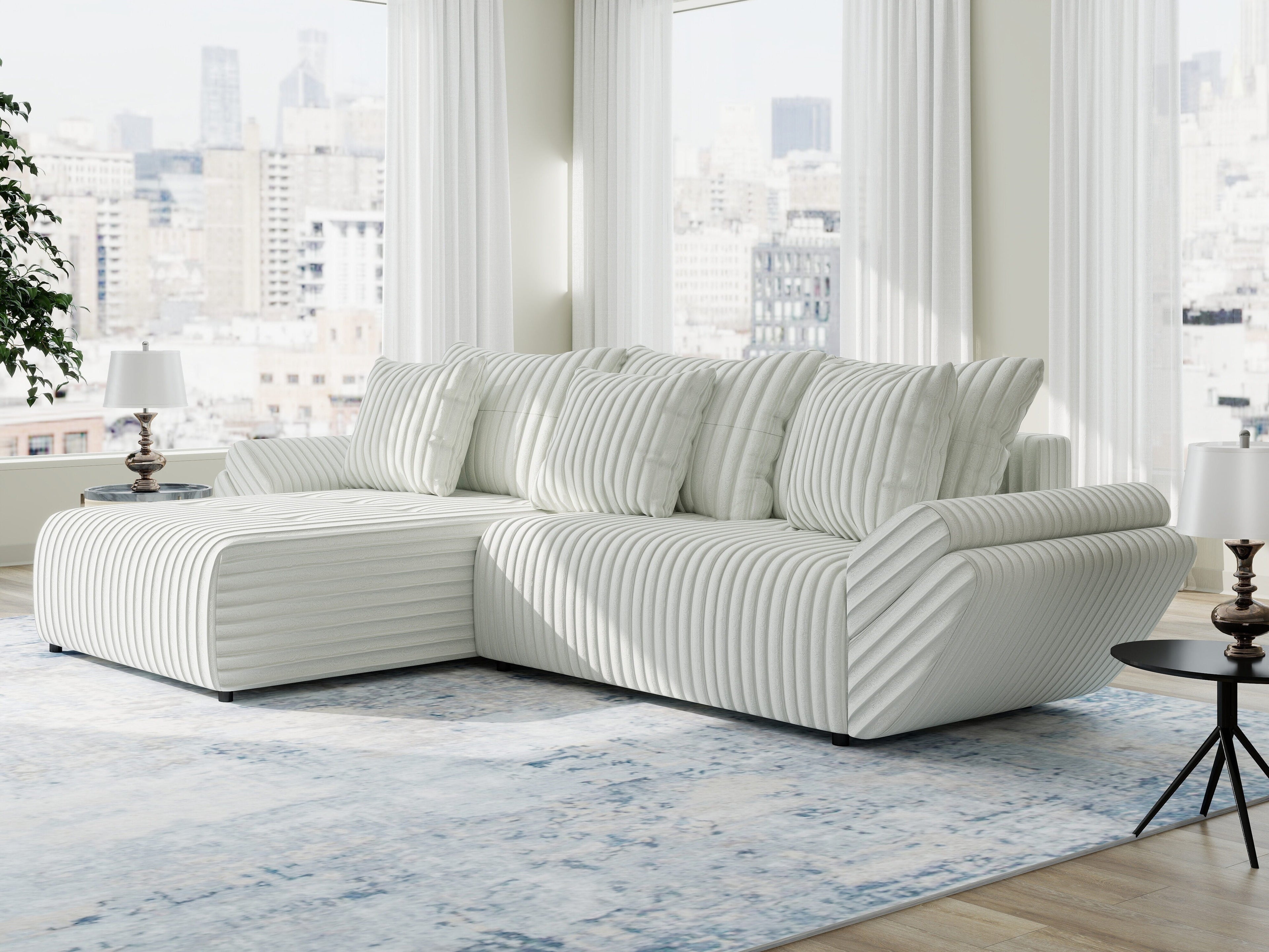 Colțar extensibil dumonde cu ladă de depozitare si sezut confortabil din spuma high-density, Berlin Ambience Alb 280x185 cm