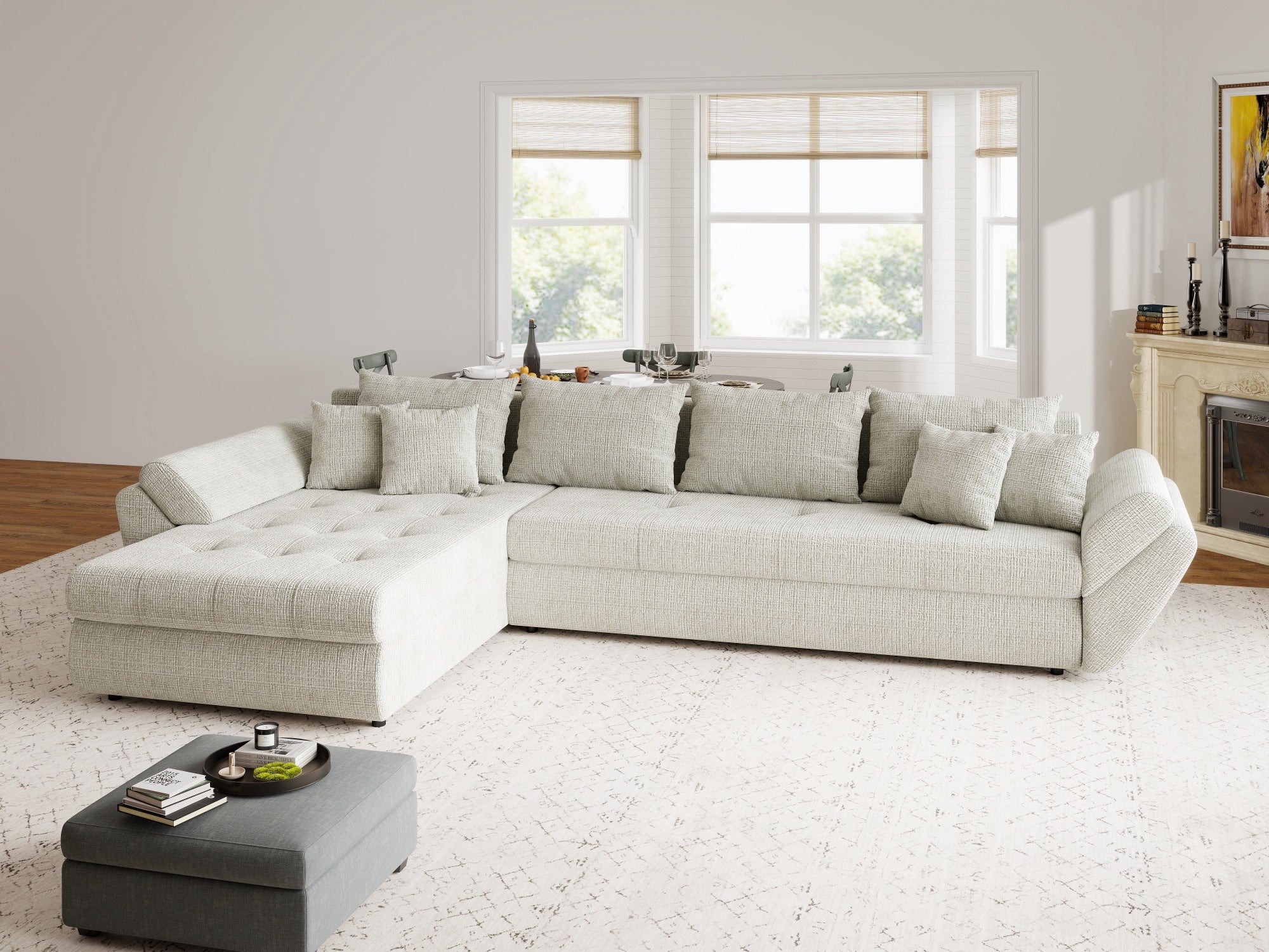 Colțar extensibil dumonde cu ladă de depozitare si sezut confortabil din spuma high-density, Loana XL Cremona Bej 04 335x185 cm