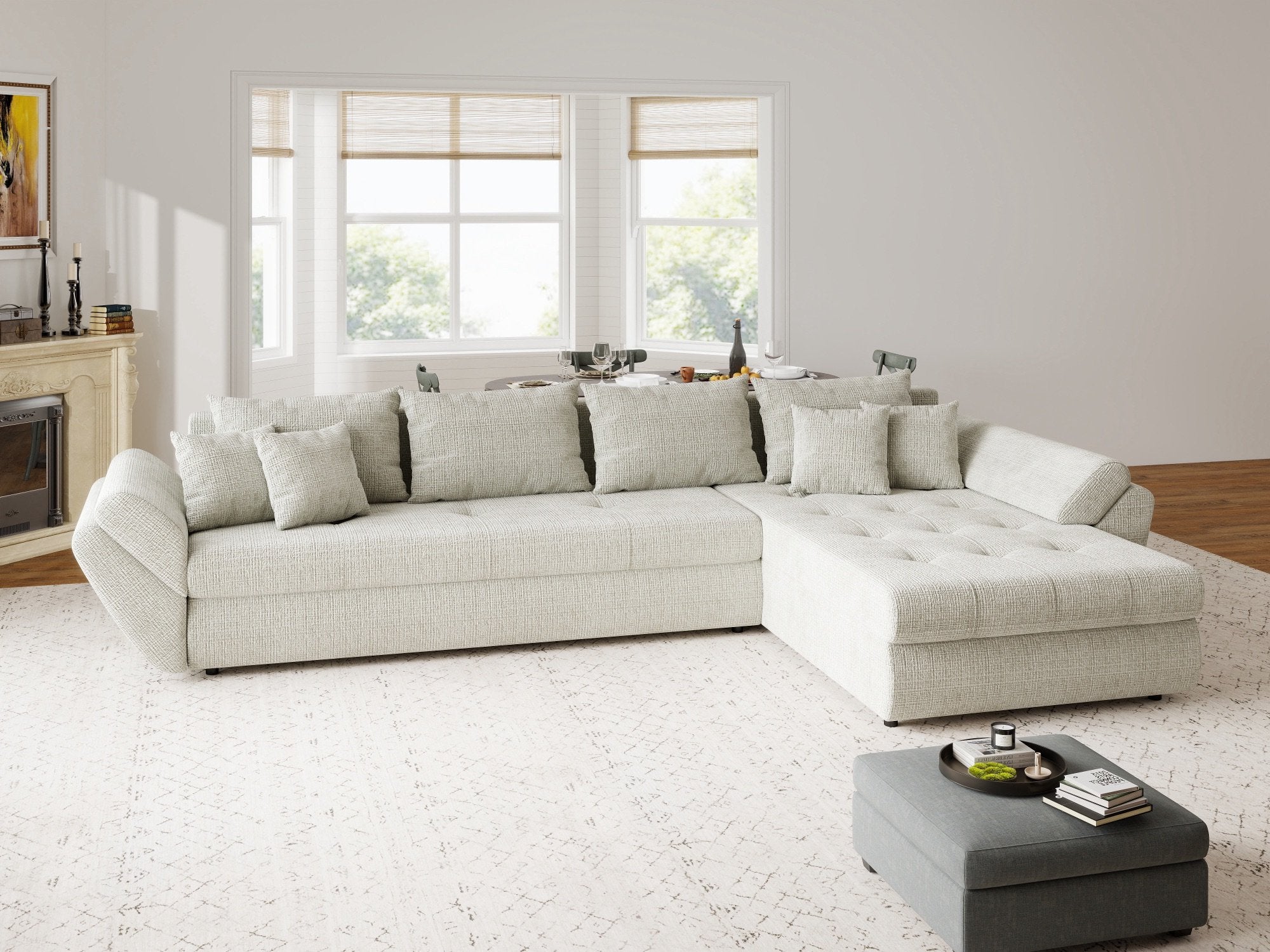 Colțar extensibil dumonde cu ladă de depozitare si sezut confortabil din spuma high-density, Loana XL Cremona Bej 04 II 335x185 cm