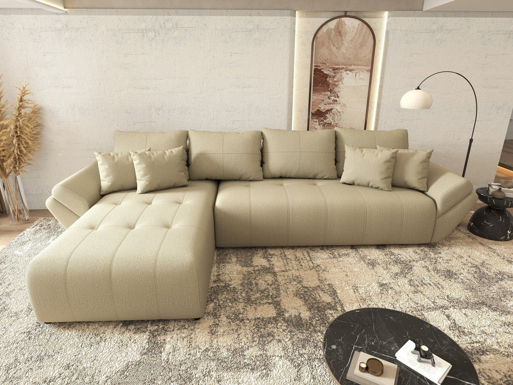 Colțar extensibil dumonde cu ladă de depozitare si sezut confortabil din spuma high-density, Berlin XL Enjoy Camel 350x185 cm