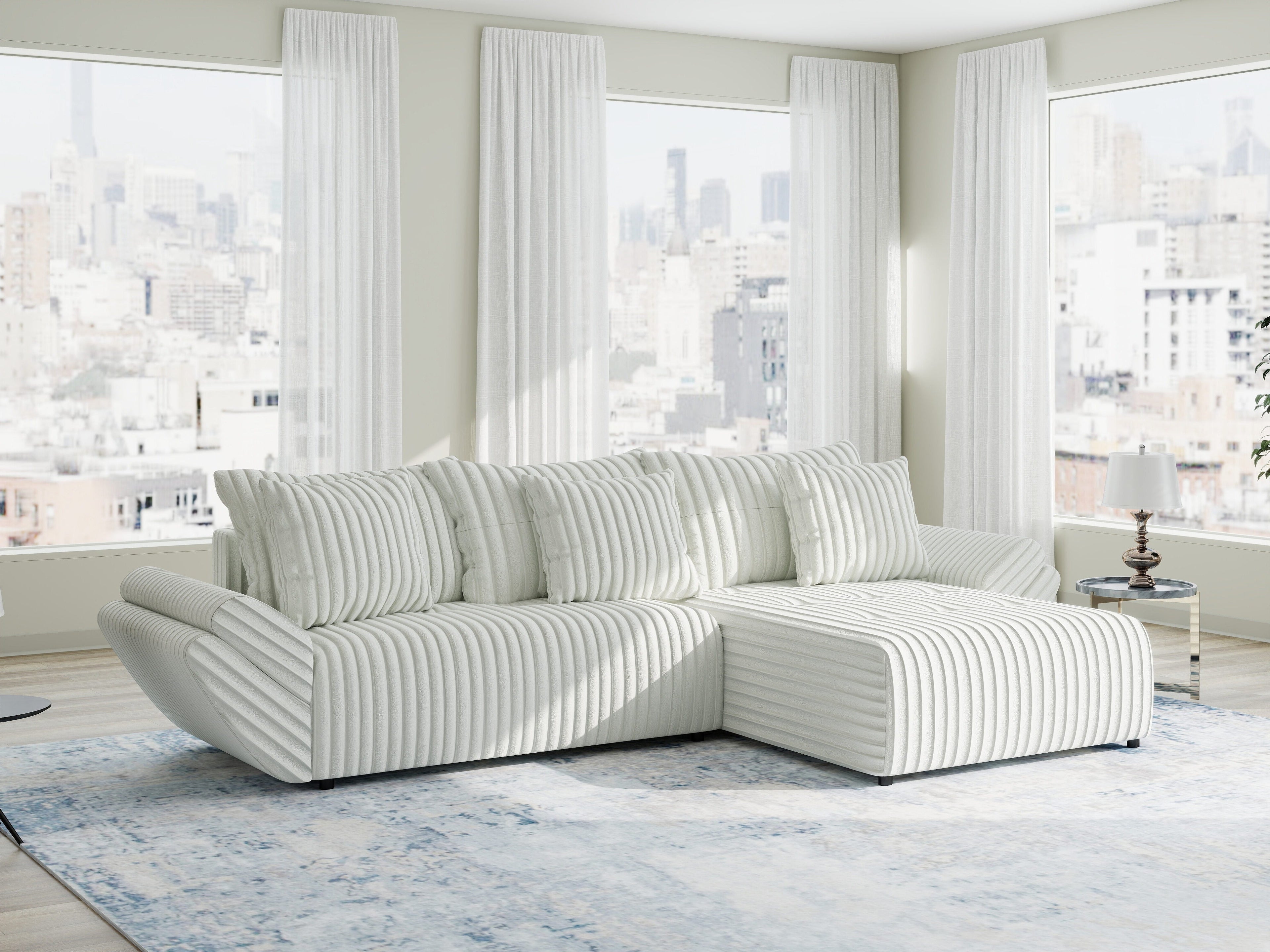 Colțar extensibil dumonde cu ladă de depozitare si sezut confortabil din spuma high-density, Berlin Ambience Alb 280x185 cm II