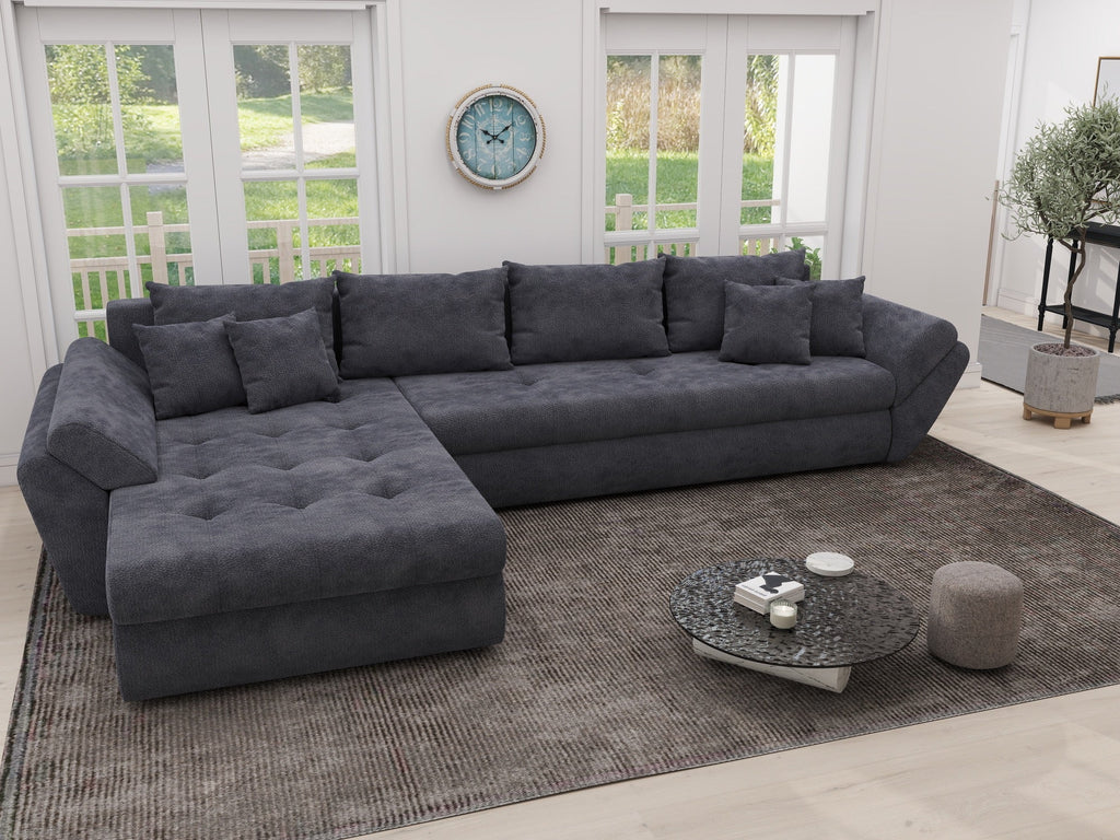 Colțar extensibil dumonde cu ladă de depozitare si sezut confortabil din spuma high-density, Loana XL Vibe Gri Antracit 335x185 cm