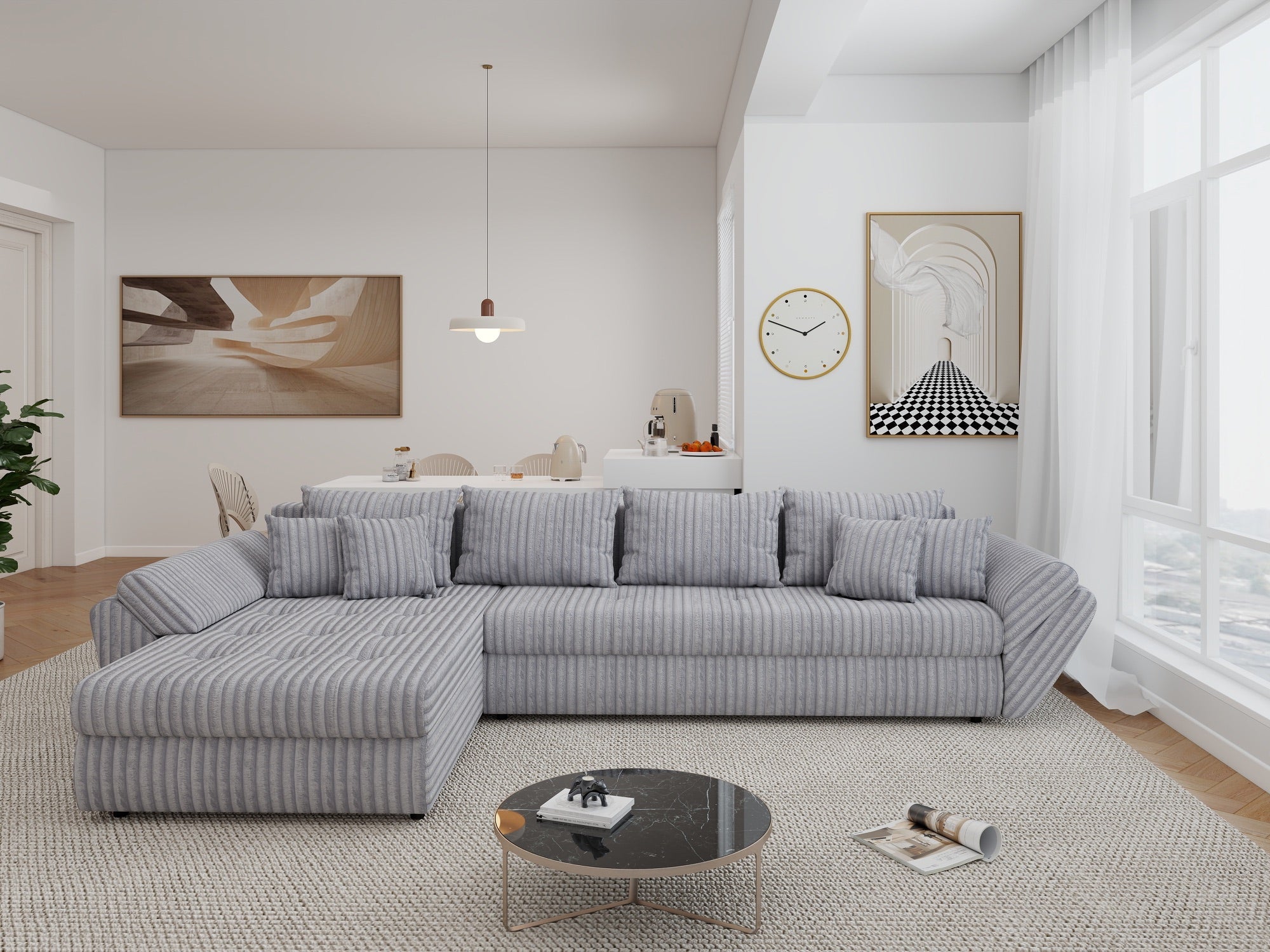 Colțar extensibil dumonde cu ladă de depozitare si sezut confortabil din spuma high-density, Loana XL Tilia Gri 86 335x185 cm