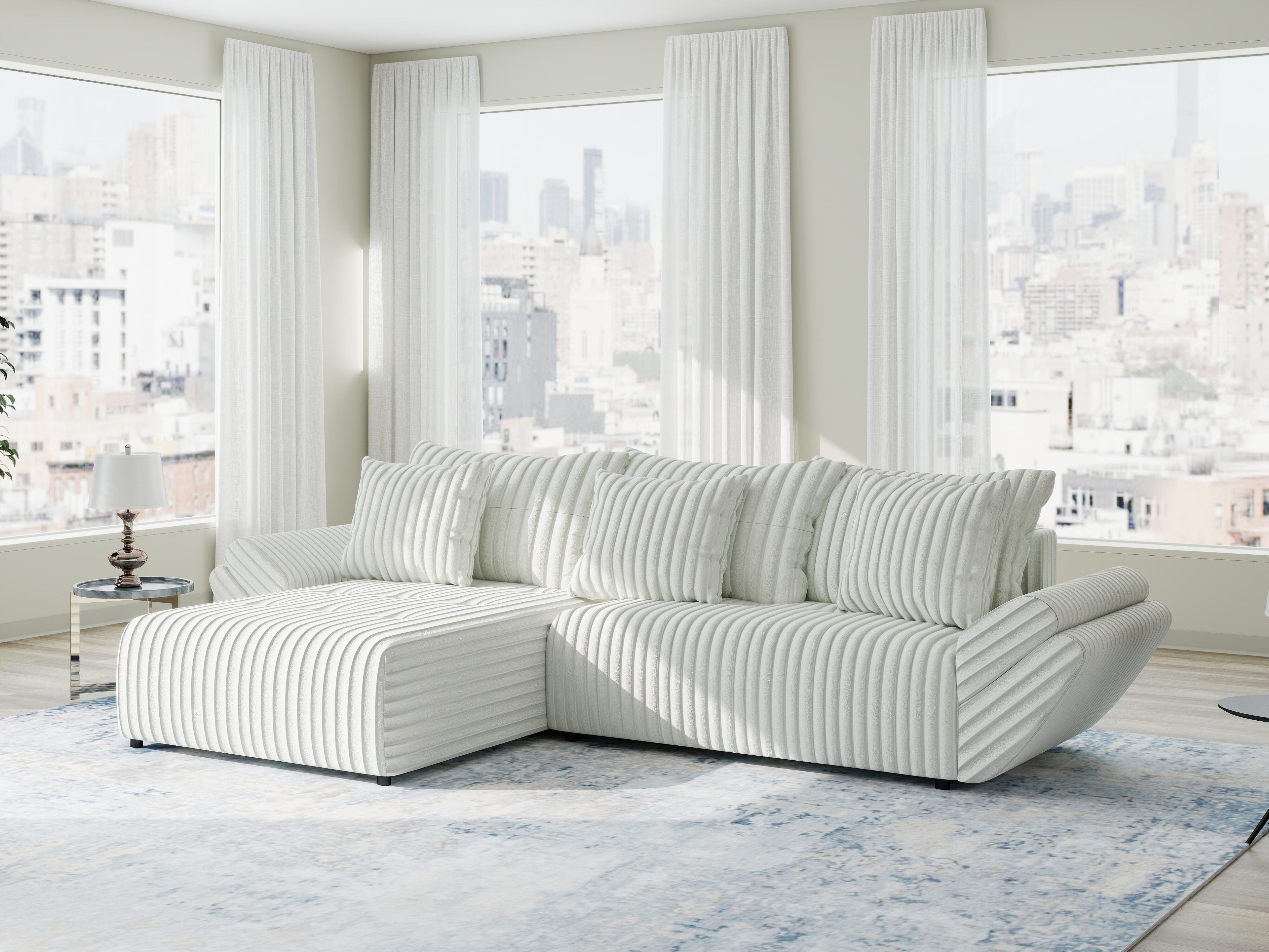 Colțar extensibil dumonde cu ladă de depozitare si sezut confortabil din spuma high-density, Berlin Ambience Alb 280x185 cm