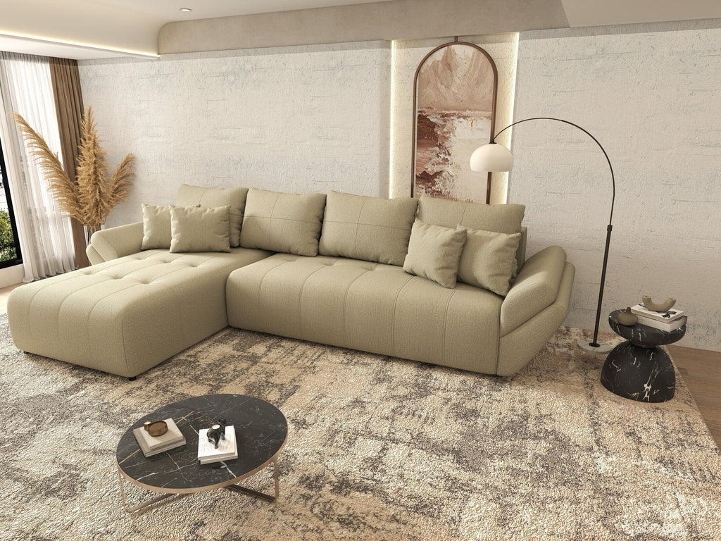 Colțar extensibil dumonde cu ladă de depozitare si sezut confortabil din spuma high-density, Berlin XL Enjoy Camel 350x185 cm