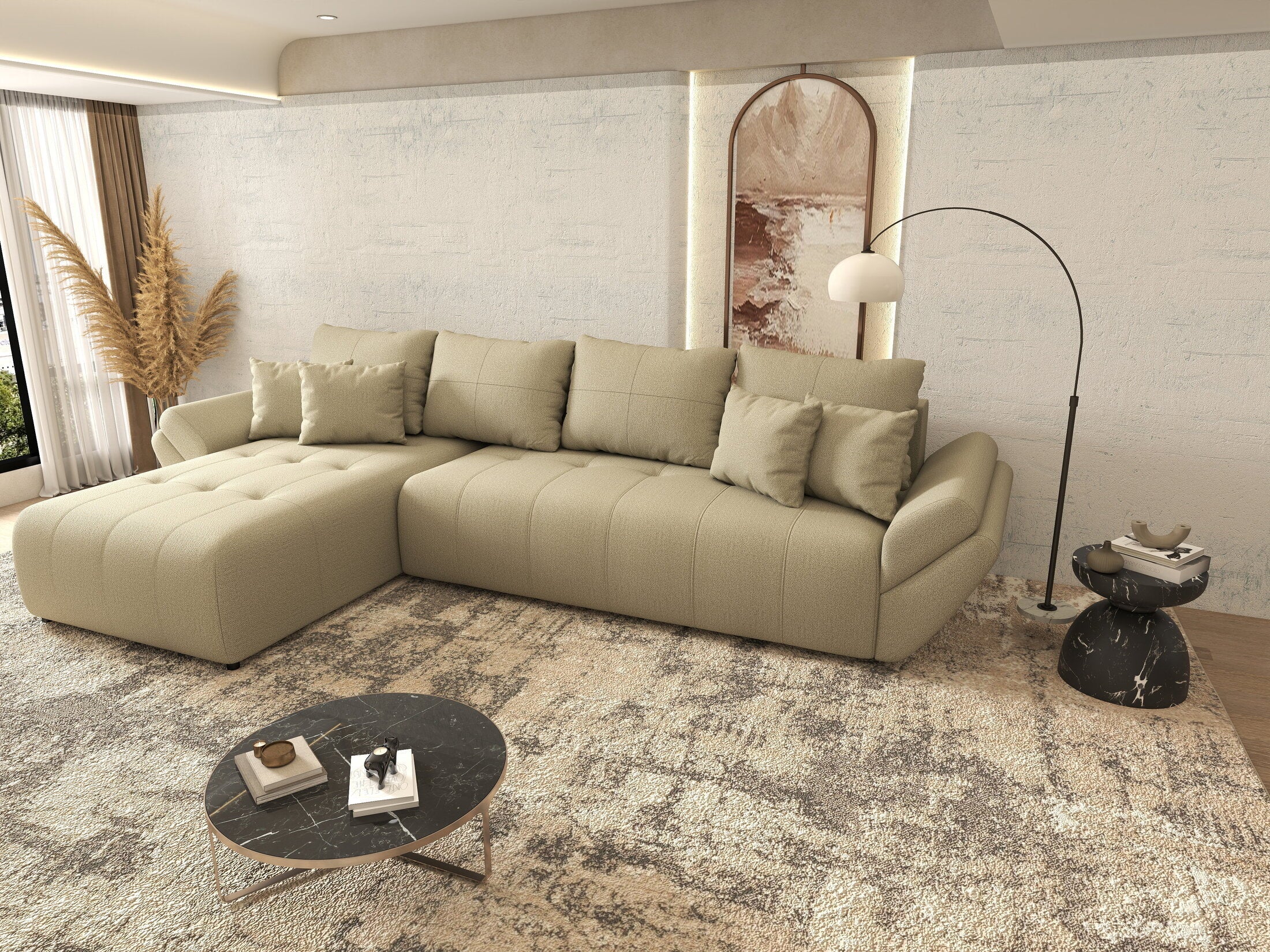 Colțar extensibil dumonde cu ladă de depozitare si sezut confortabil din spuma high-density, Berlin XL Enjoy Camel 350x185 cm