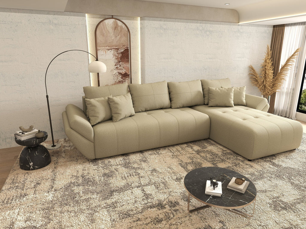 Colțar extensibil dumonde cu ladă de depozitare si sezut confortabil din spuma high-density, Berlin XL Enjoy Camel 350x185 cm II