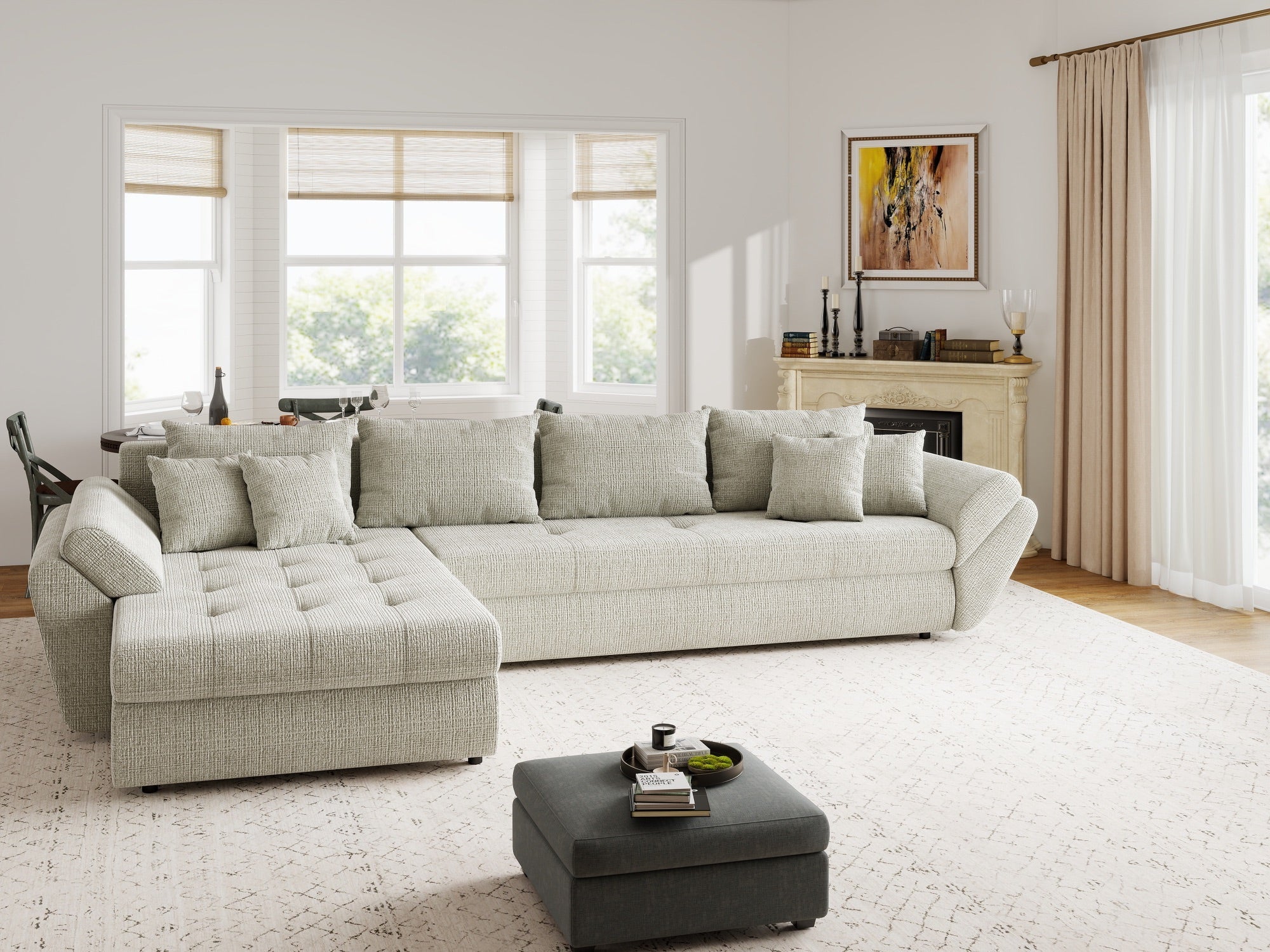 Colțar extensibil dumonde cu ladă de depozitare si sezut confortabil din spuma high-density, Loana XL Cremona Bej 04 335x185 cm