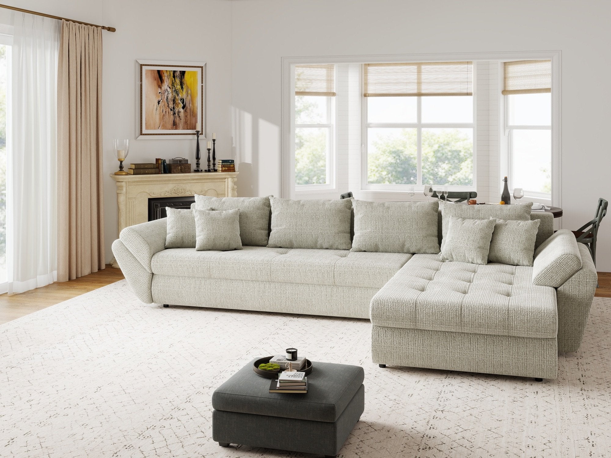 Colțar extensibil dumonde cu ladă de depozitare si sezut confortabil din spuma high-density, Loana XL Cremona Bej 04 II 335x185 cm