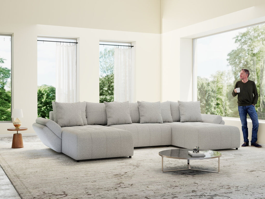 Colțar extensibil dumonde cu ladă de depozitare si sezut confortabil din spuma high-density, Berlin U Euphoria Dove 380x180 cm