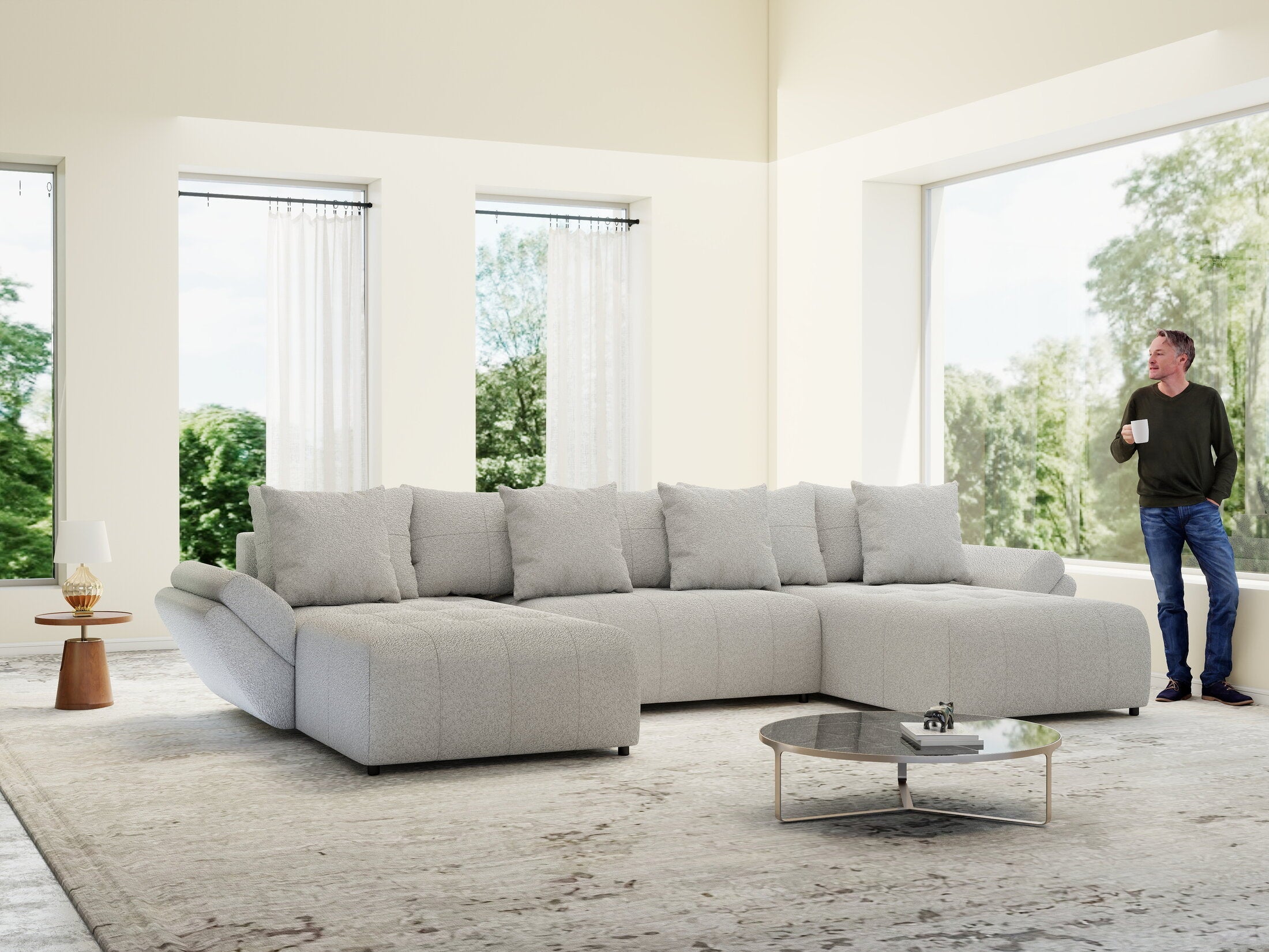 Colțar extensibil dumonde cu ladă de depozitare si sezut confortabil din spuma high-density, Berlin U Euphoria Dove 380x180 cm