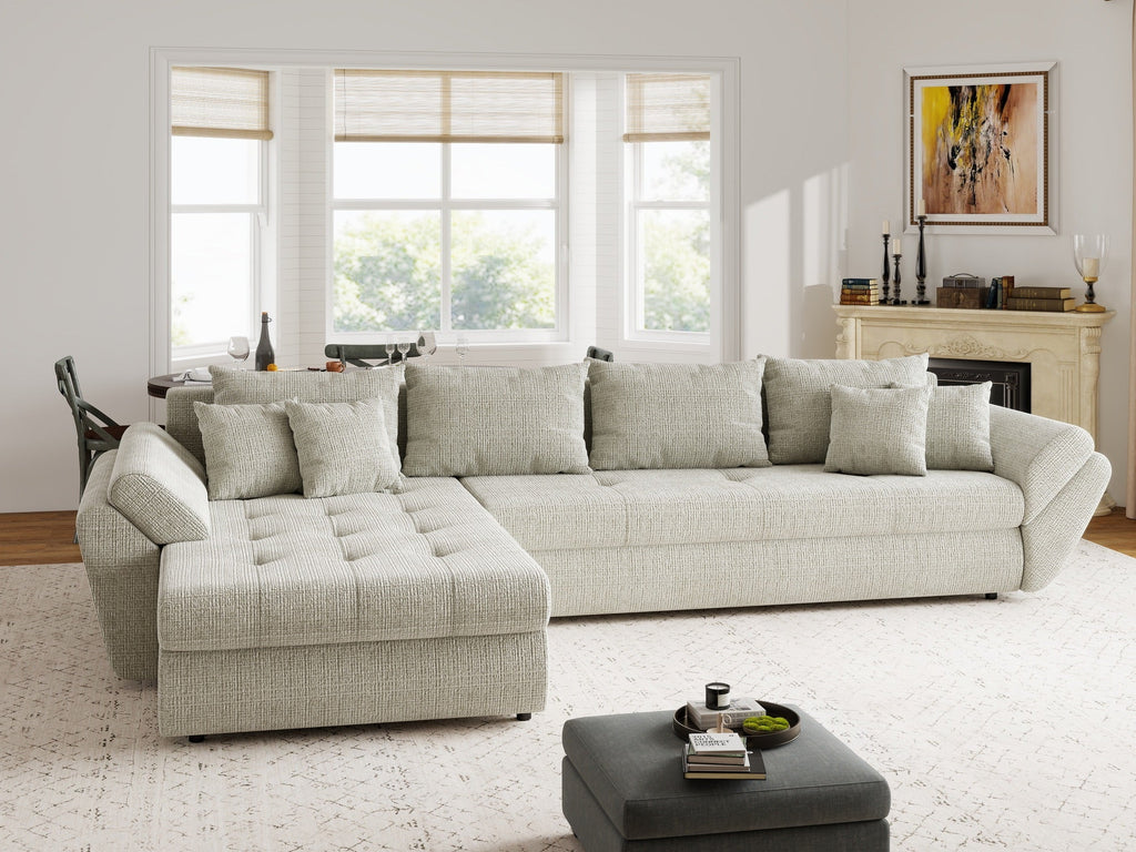 Colțar extensibil dumonde cu ladă de depozitare si sezut confortabil din spuma high-density, Loana XL Cremona Bej 04 335x185 cm