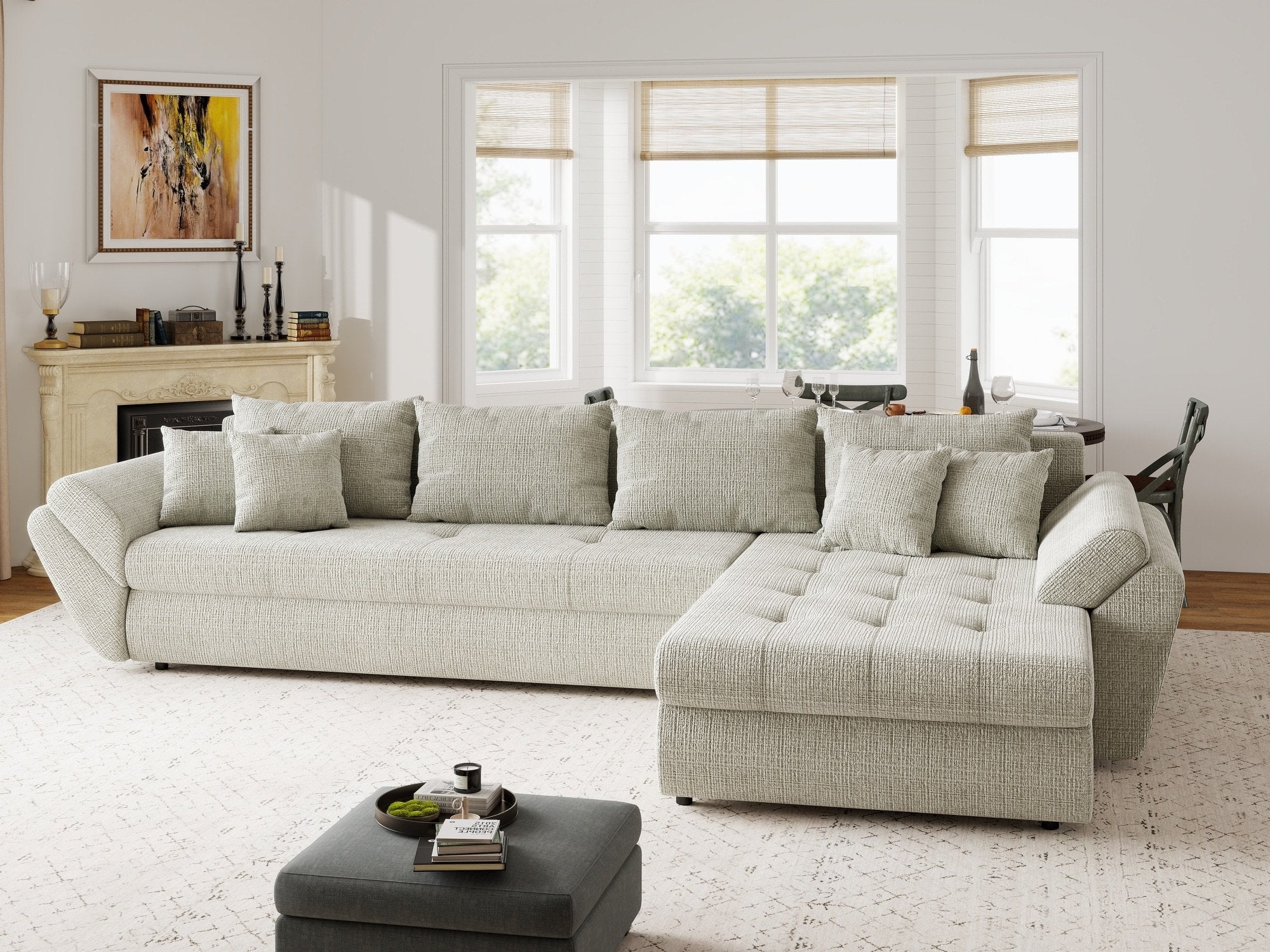 Colțar extensibil dumonde cu ladă de depozitare si sezut confortabil din spuma high-density, Loana XL Cremona Bej 04 II 335x185 cm
