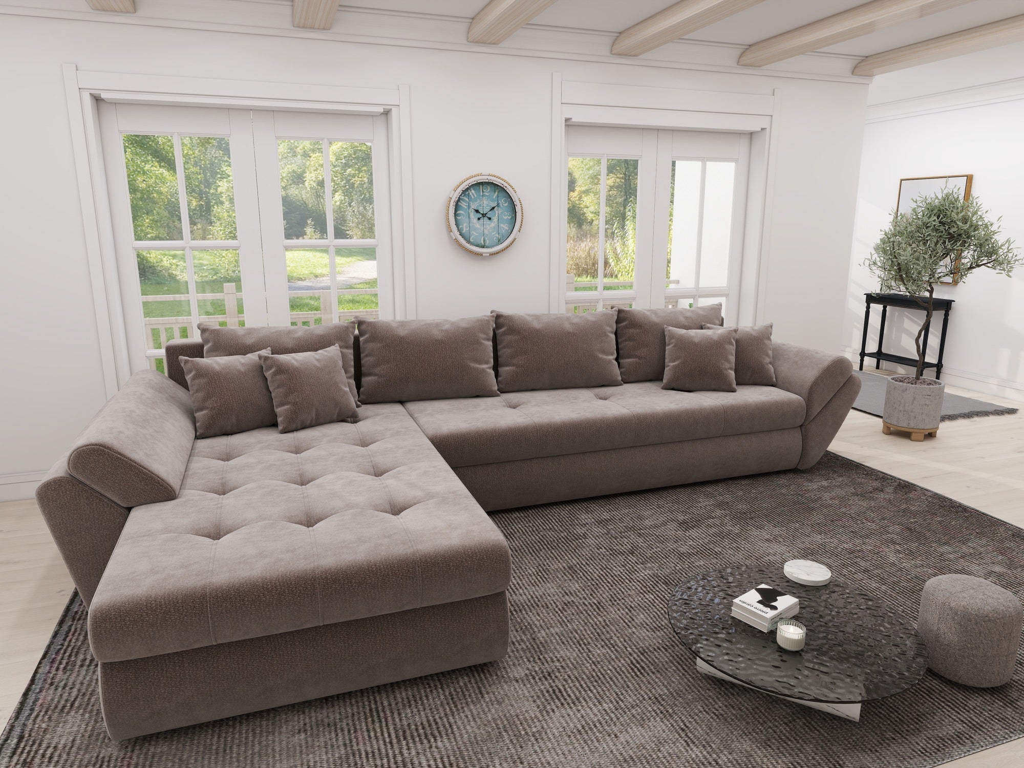 Colțar extensibil dumonde cu ladă de depozitare si sezut confortabil din spuma high-density, Loana XL Vibe Maro 335x185 cm