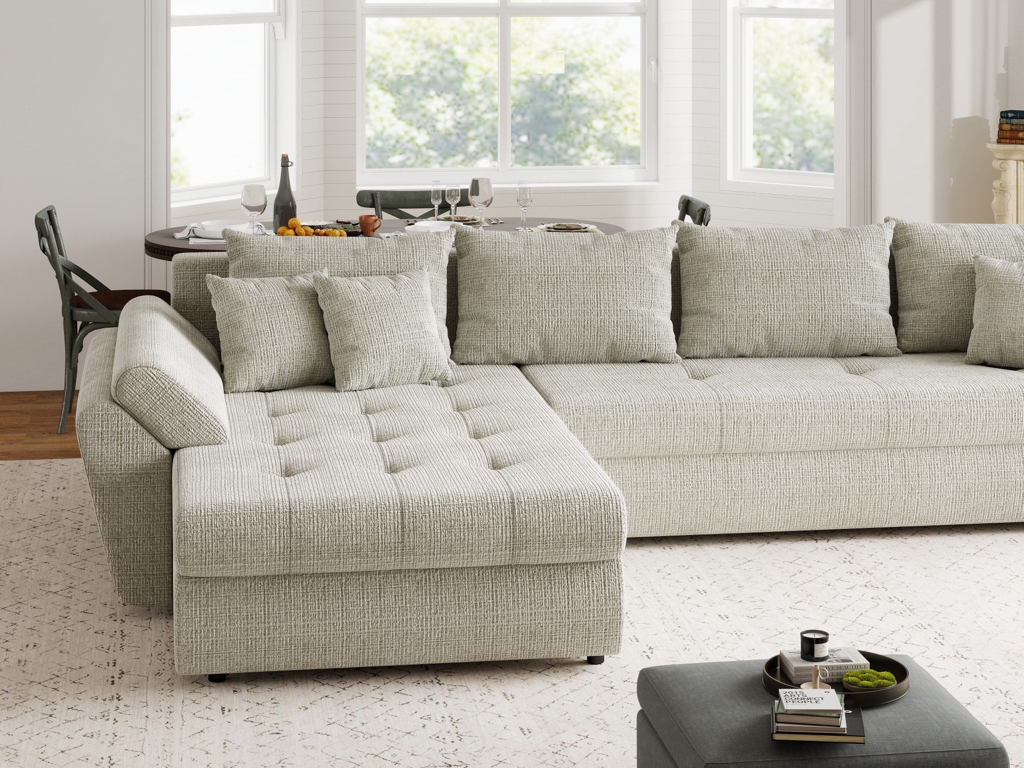 Colțar extensibil dumonde cu ladă de depozitare si sezut confortabil din spuma high-density, Loana XL Cremona Bej 04 335x185 cm