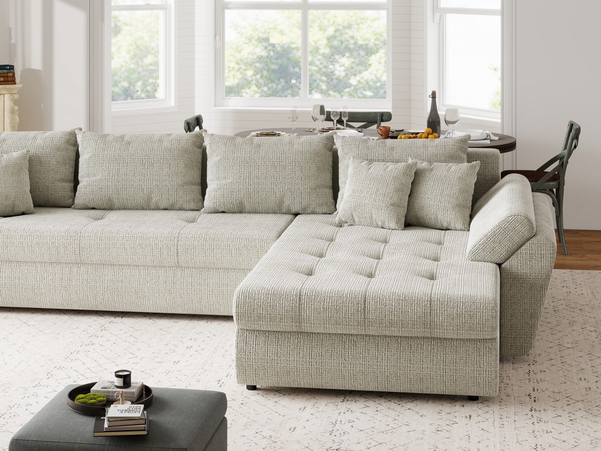 Colțar extensibil dumonde cu ladă de depozitare si sezut confortabil din spuma high-density, Loana XL Cremona Bej 04 II 335x185 cm