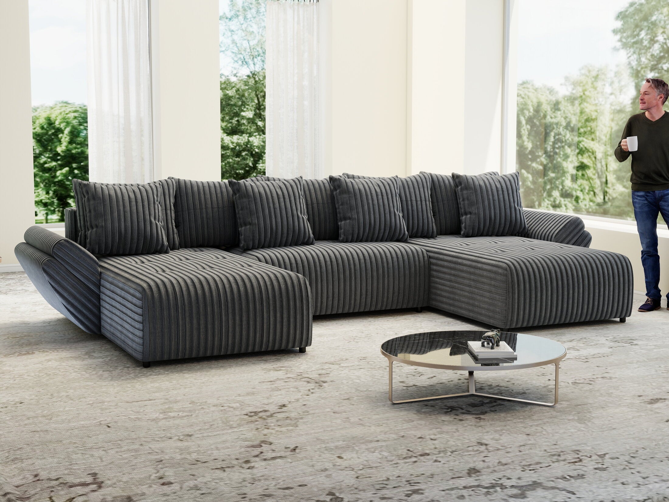 Colțar extensibil dumonde cu ladă de depozitare si sezut confortabil din spuma high-density, Berlin U Ambience Grey 380x180 cm