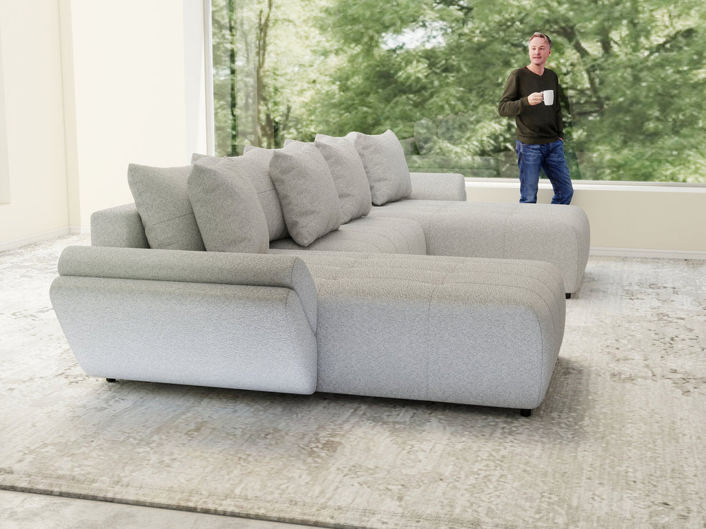 Colțar extensibil dumonde cu ladă de depozitare si sezut confortabil din spuma high-density, Berlin U Euphoria Dove 380x180 cm