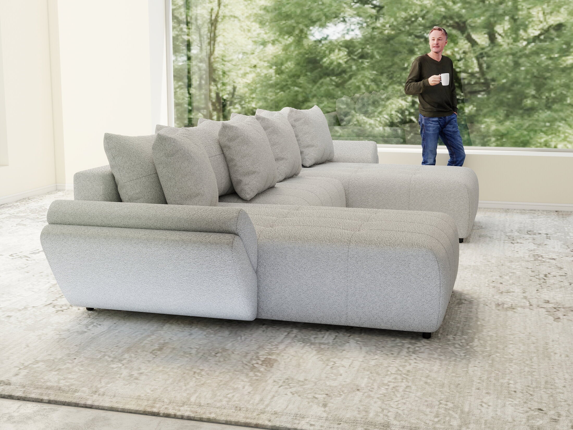 Colțar extensibil dumonde cu ladă de depozitare si sezut confortabil din spuma high-density, Berlin U Euphoria Dove 380x180 cm