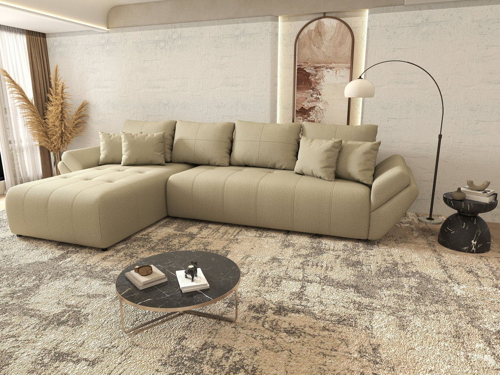 Colțar extensibil dumonde cu ladă de depozitare si sezut confortabil din spuma high-density, Berlin XL Enjoy Camel 350x185 cm