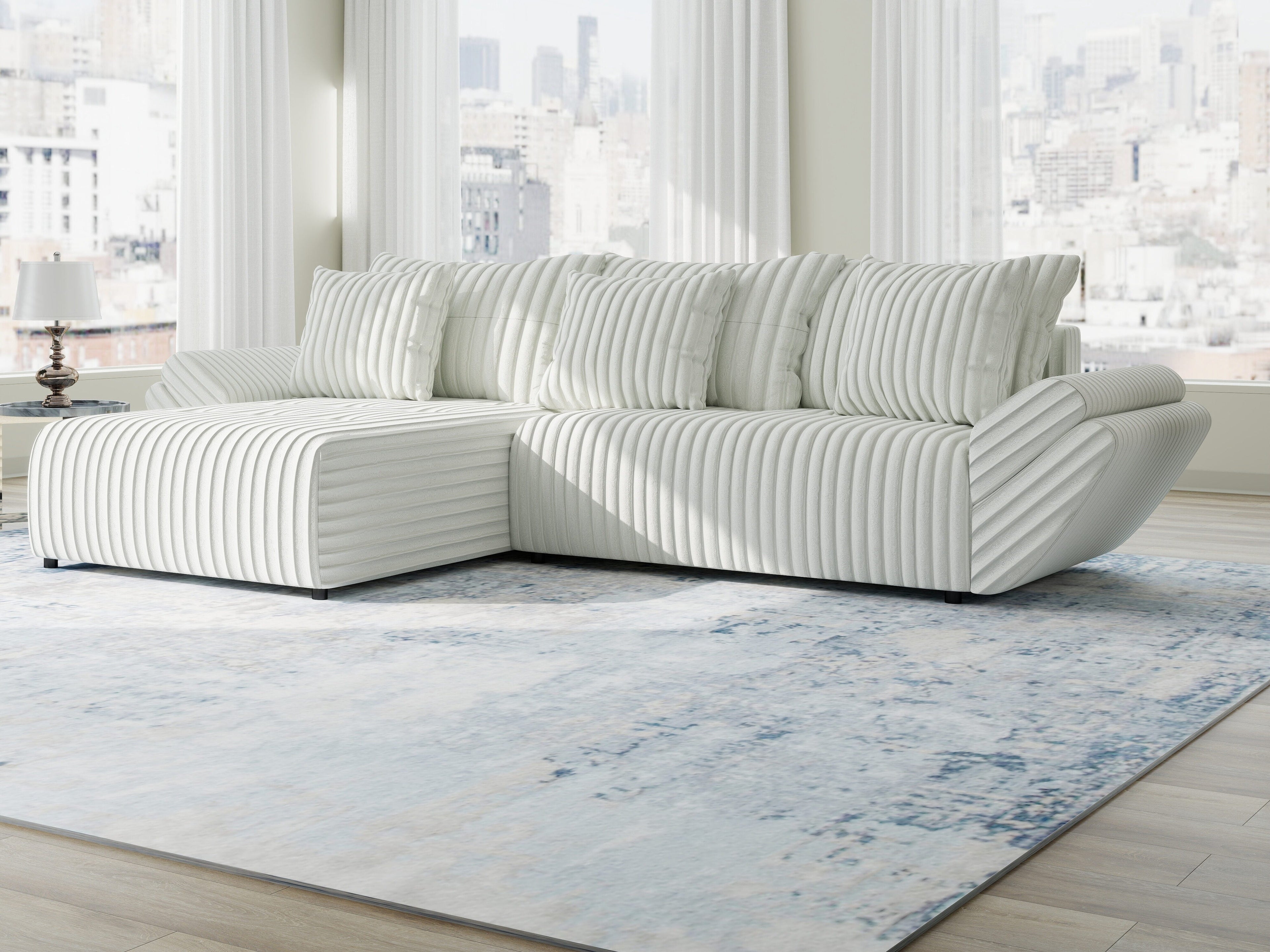 Colțar extensibil dumonde cu ladă de depozitare si sezut confortabil din spuma high-density, Berlin Ambience Alb 280x185 cm